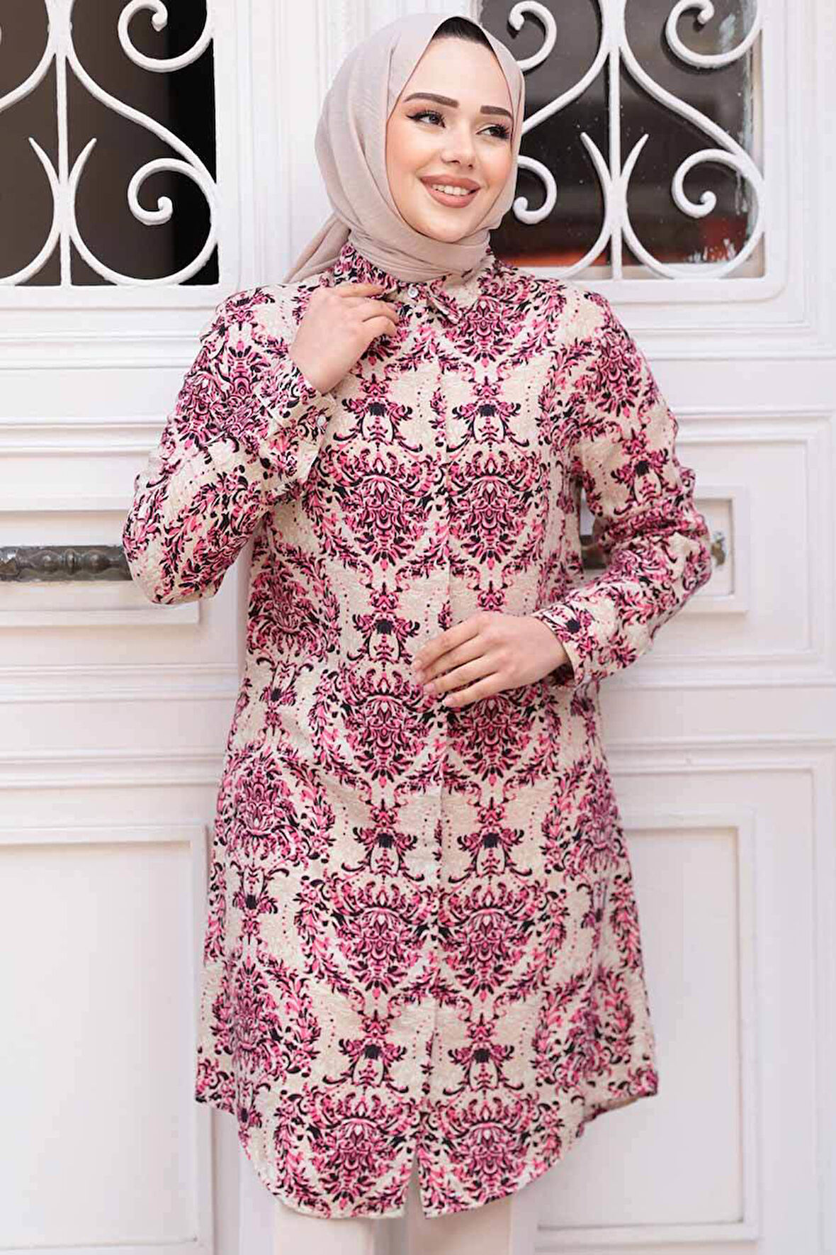 Desenli Fuşya Tesettür Tunik 11737F