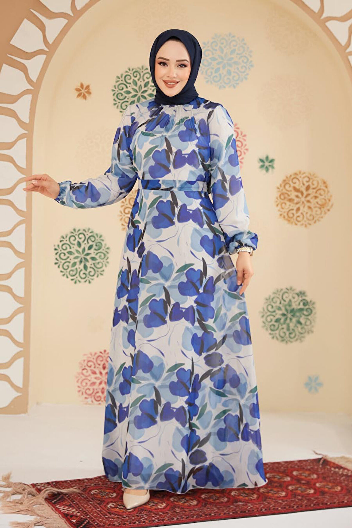 Çiçek Desenli Sax Mavisi Tesettür Elbise 279901SX