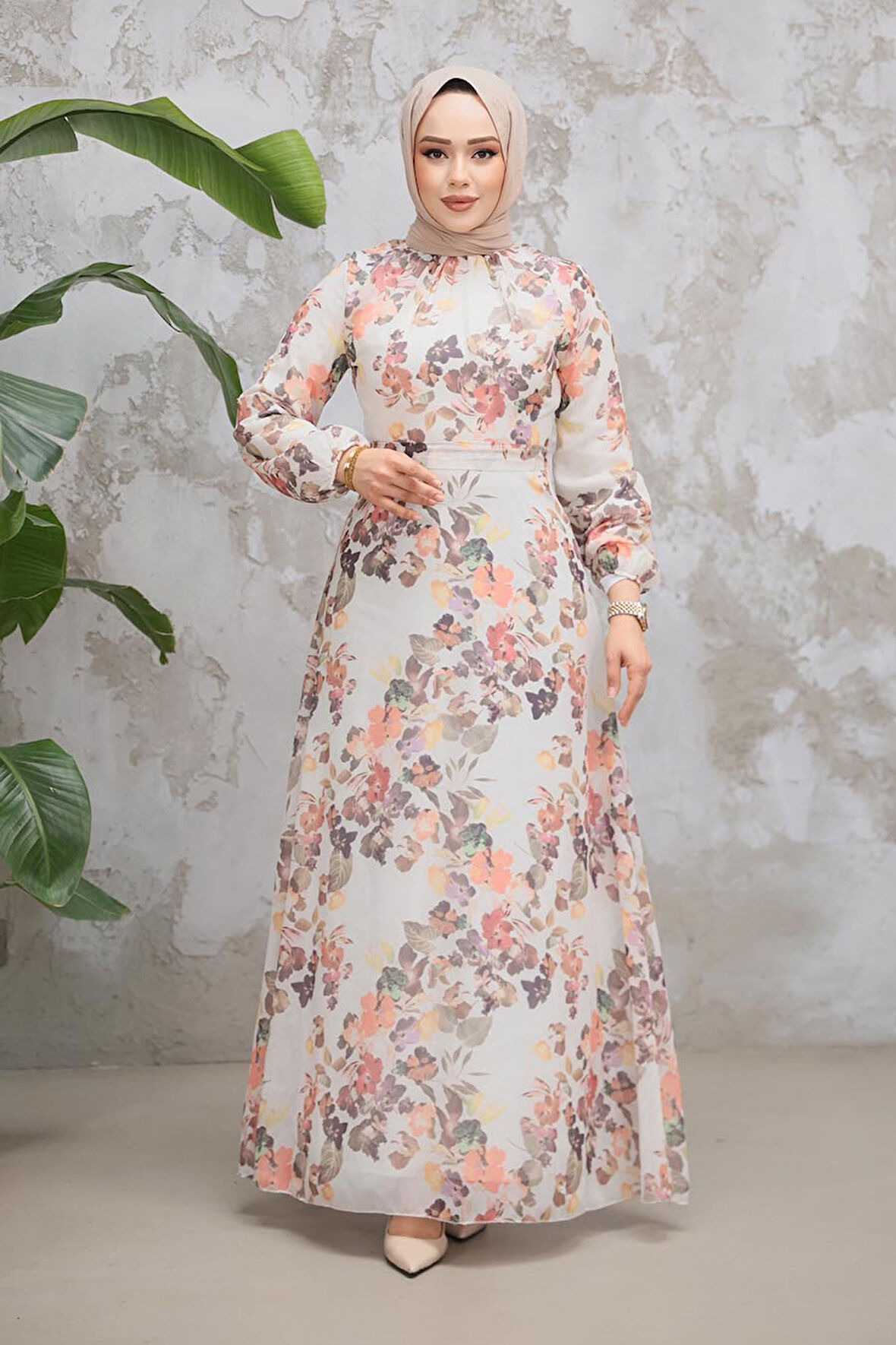 Çiçek Desenli Krem Tesettür Elbise 279902KR