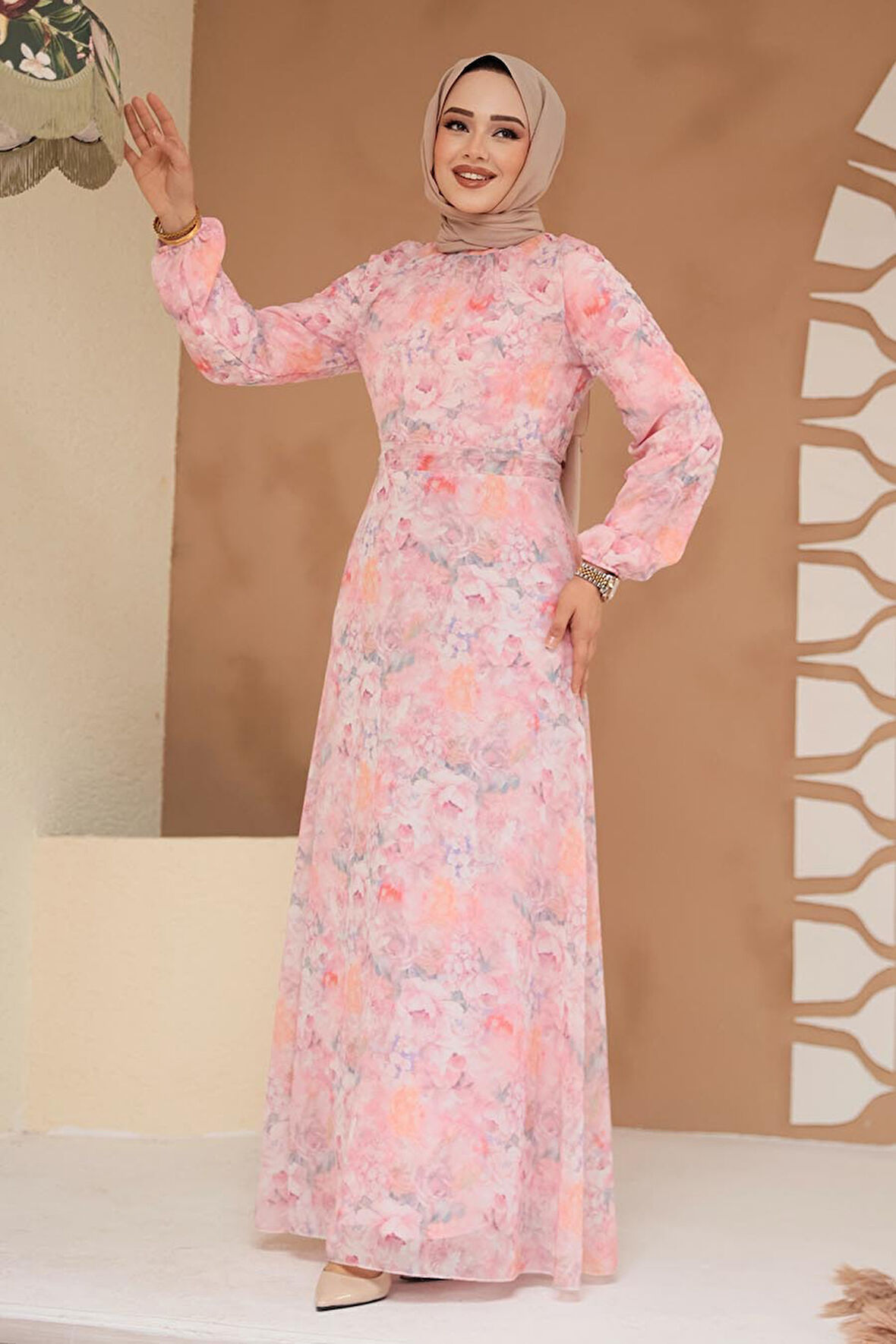 Çiçek Desenli Pudra Tesettür Elbise 279904PD