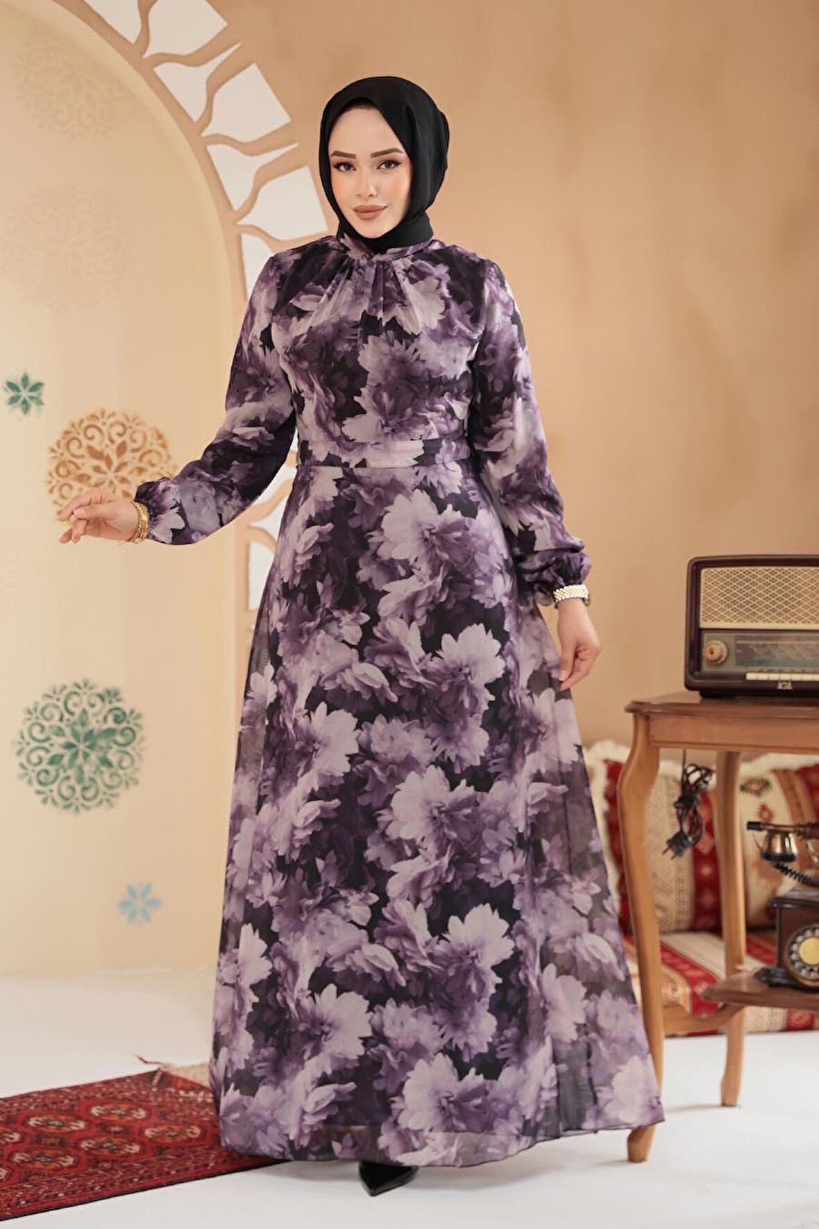 Çiçek Desenli Koyu Lila Tesettür Elbise 279910KLILA