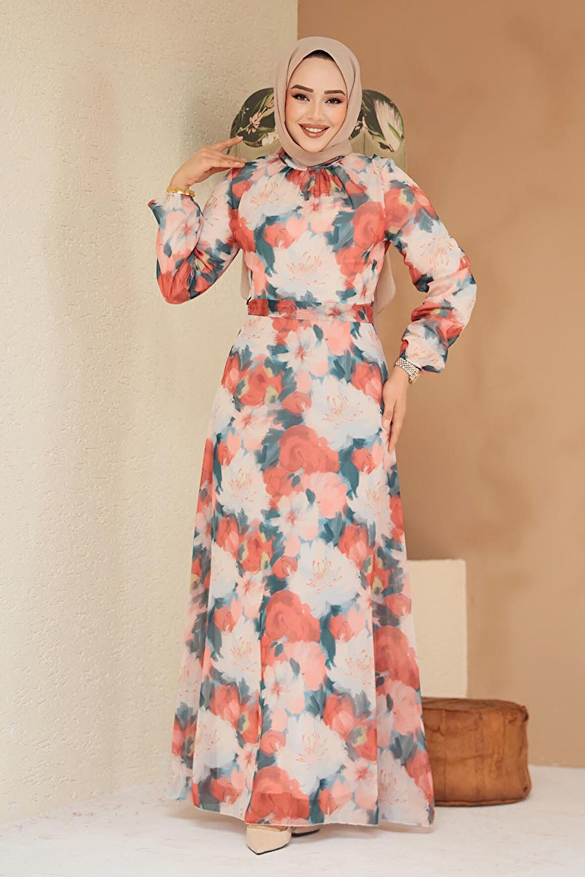 Çiçek Desenli Mercan Tesettür Elbise 279917MR