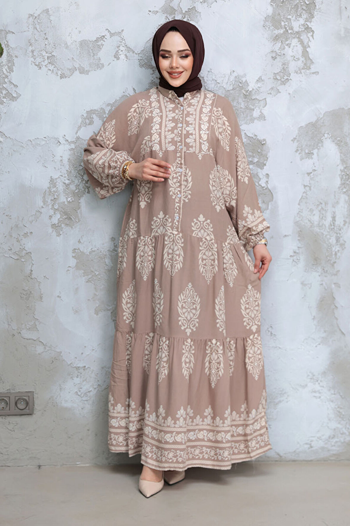 Çiçek Desenli Vizon Tesettür Elbise 18242V