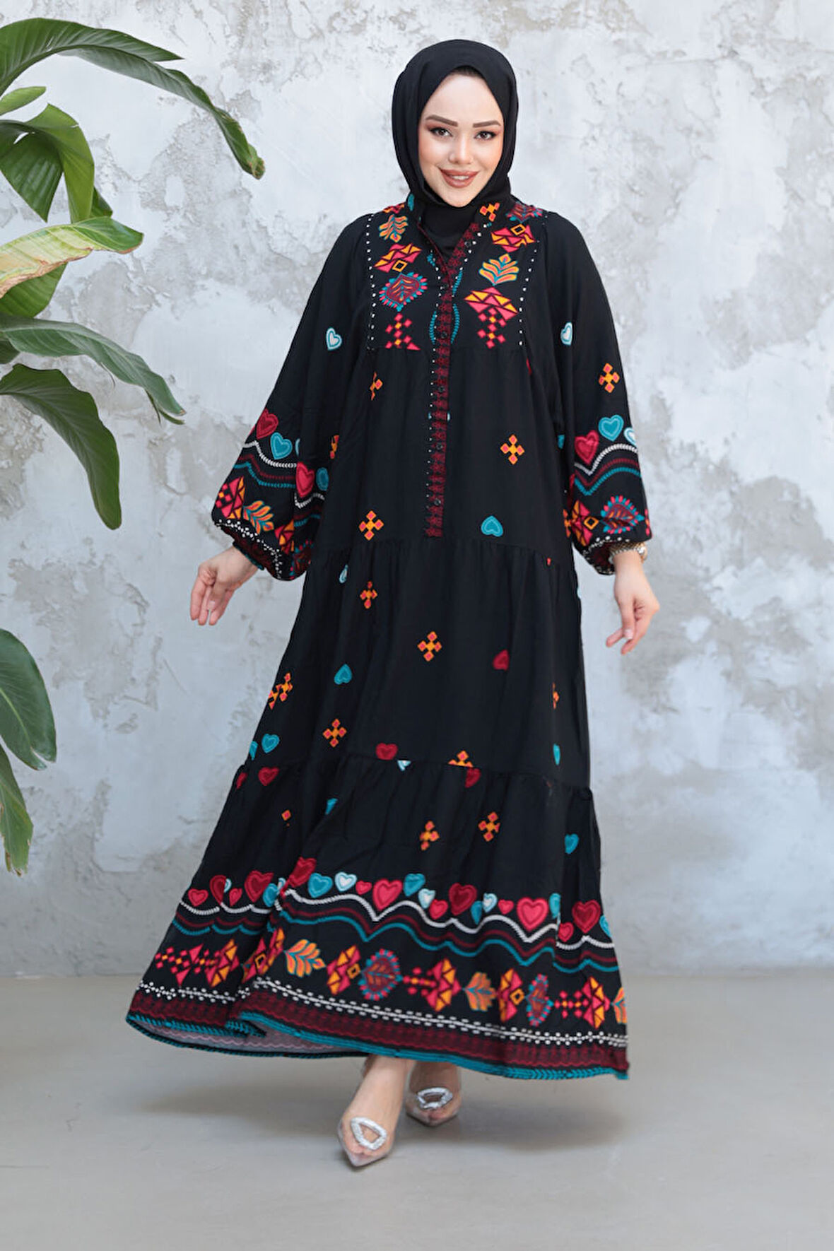 Desenli Siyah Tesettür Elbise 18244S