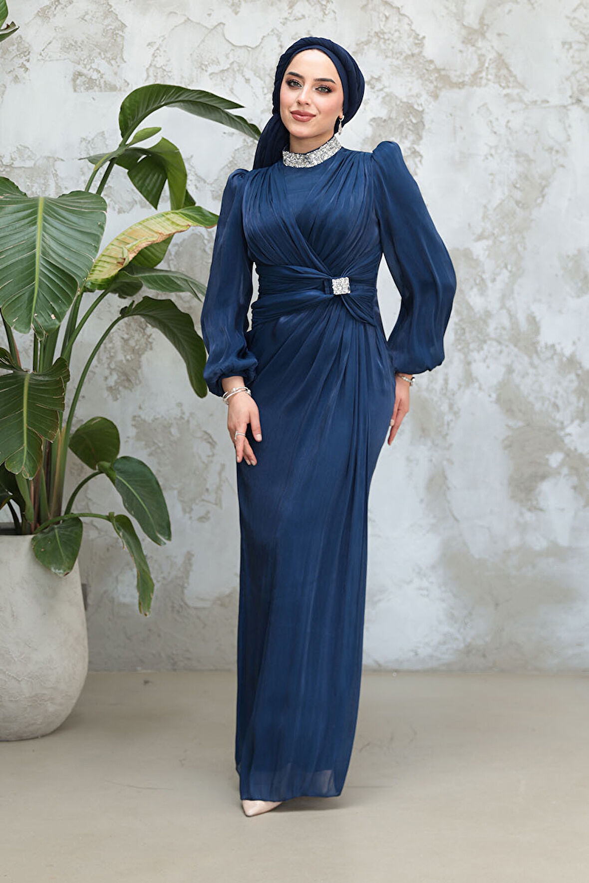Drape Detaylı Lacivert Tesettür Abiye Elbise 50581L