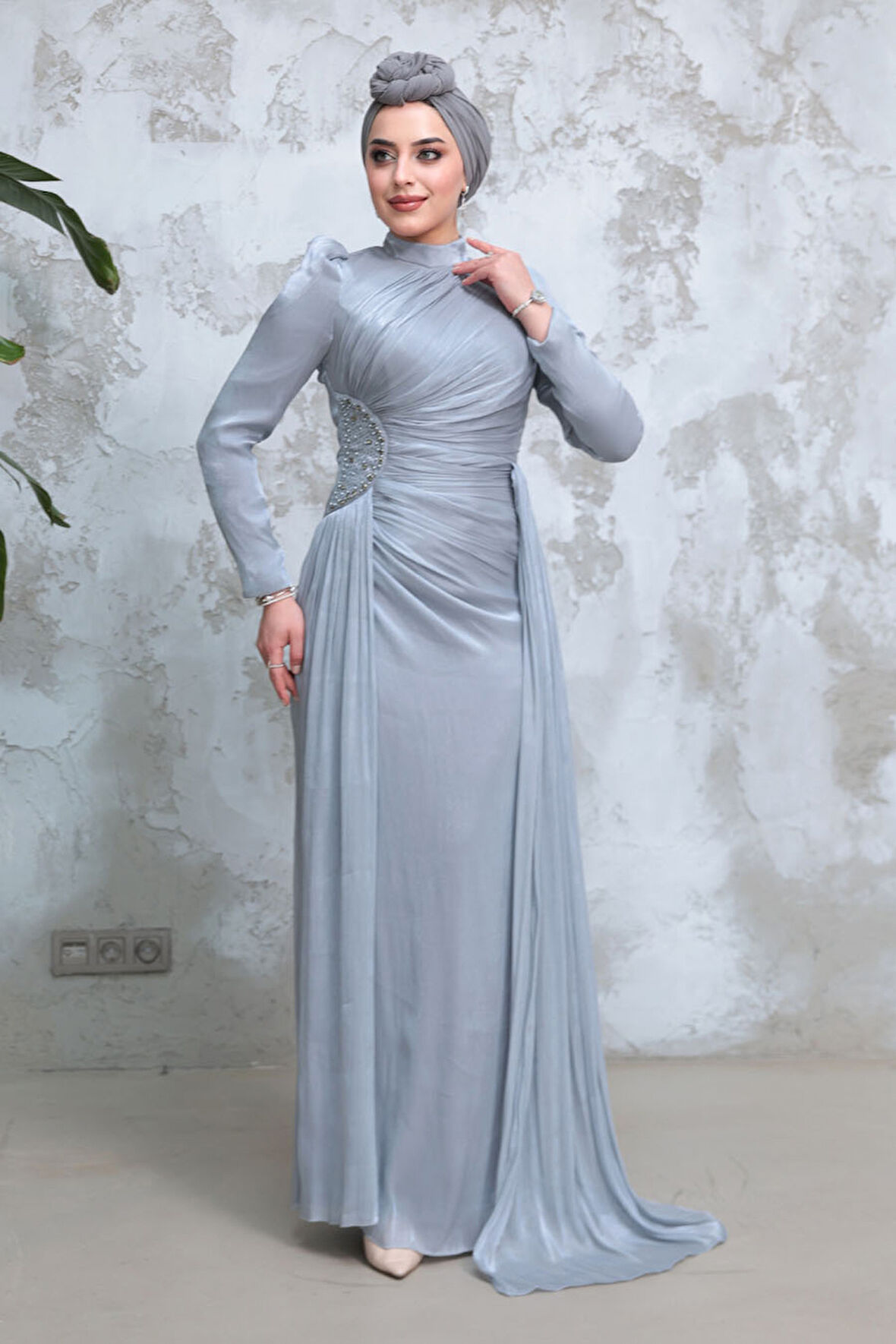 Drape Detaylı Gri Tesettür Abiye Elbise 51481GR