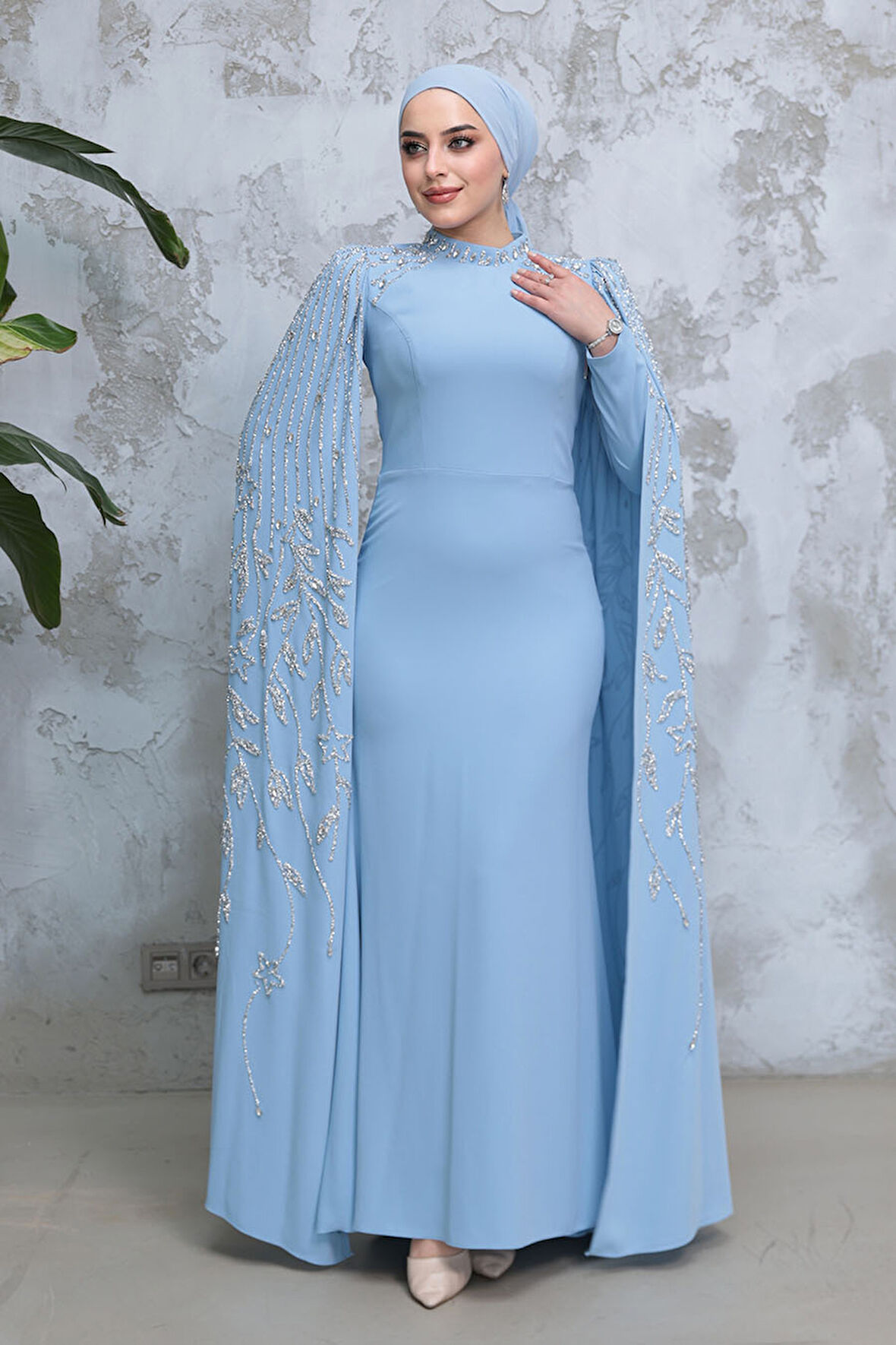 Kolları Pelerinli Bebek Mavisi Tesettür Abiye Elbise 51681BM