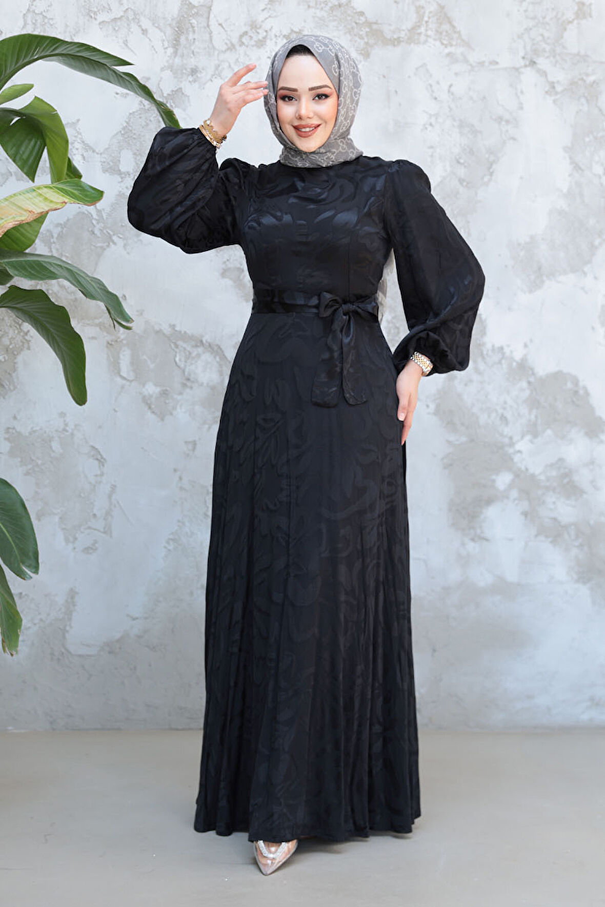 Desenli Siyah Tesettür Abiye Elbise 23274S