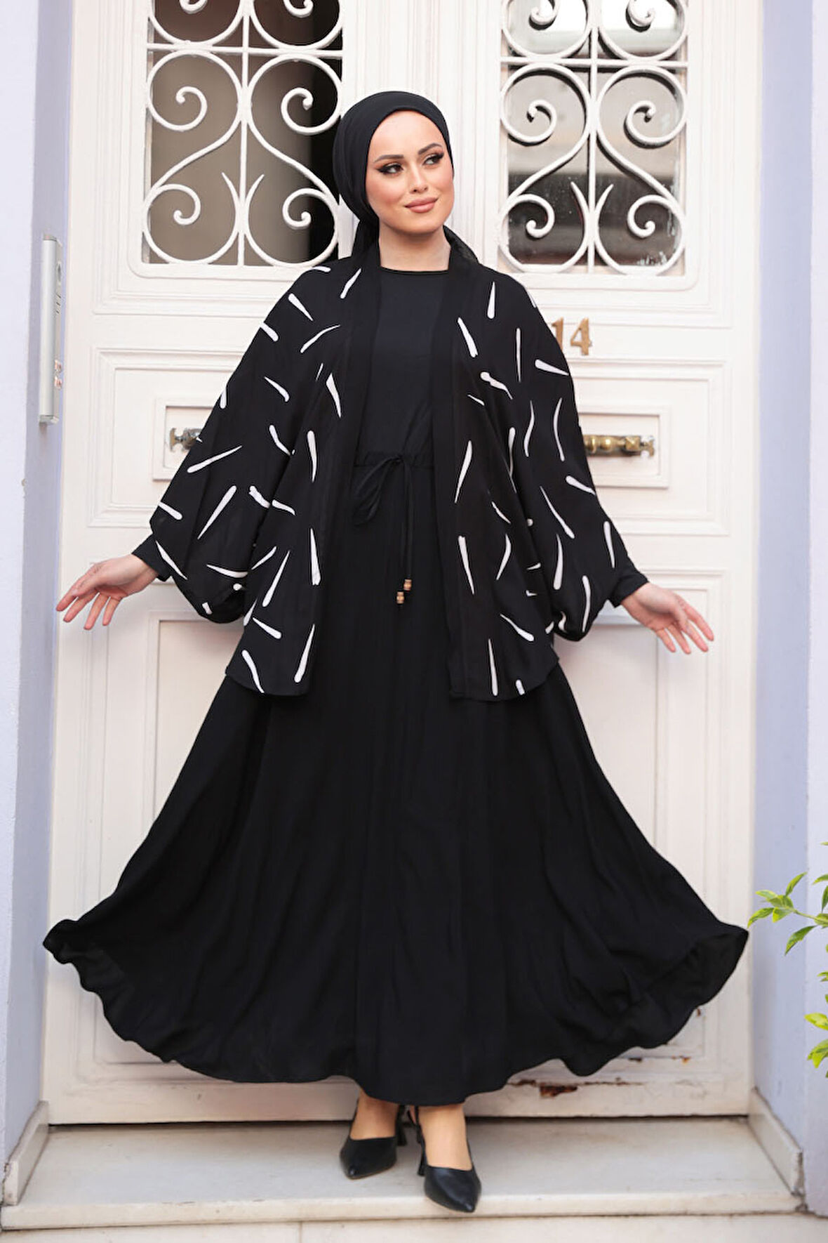 Desenli Siyah Tesettür İkili Kimono Takım 12892S