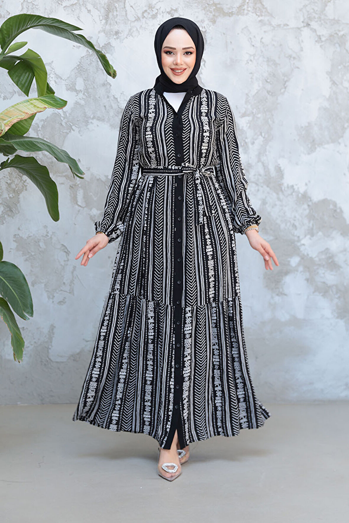 Desenli Siyah Tesettür Elbise 23921S