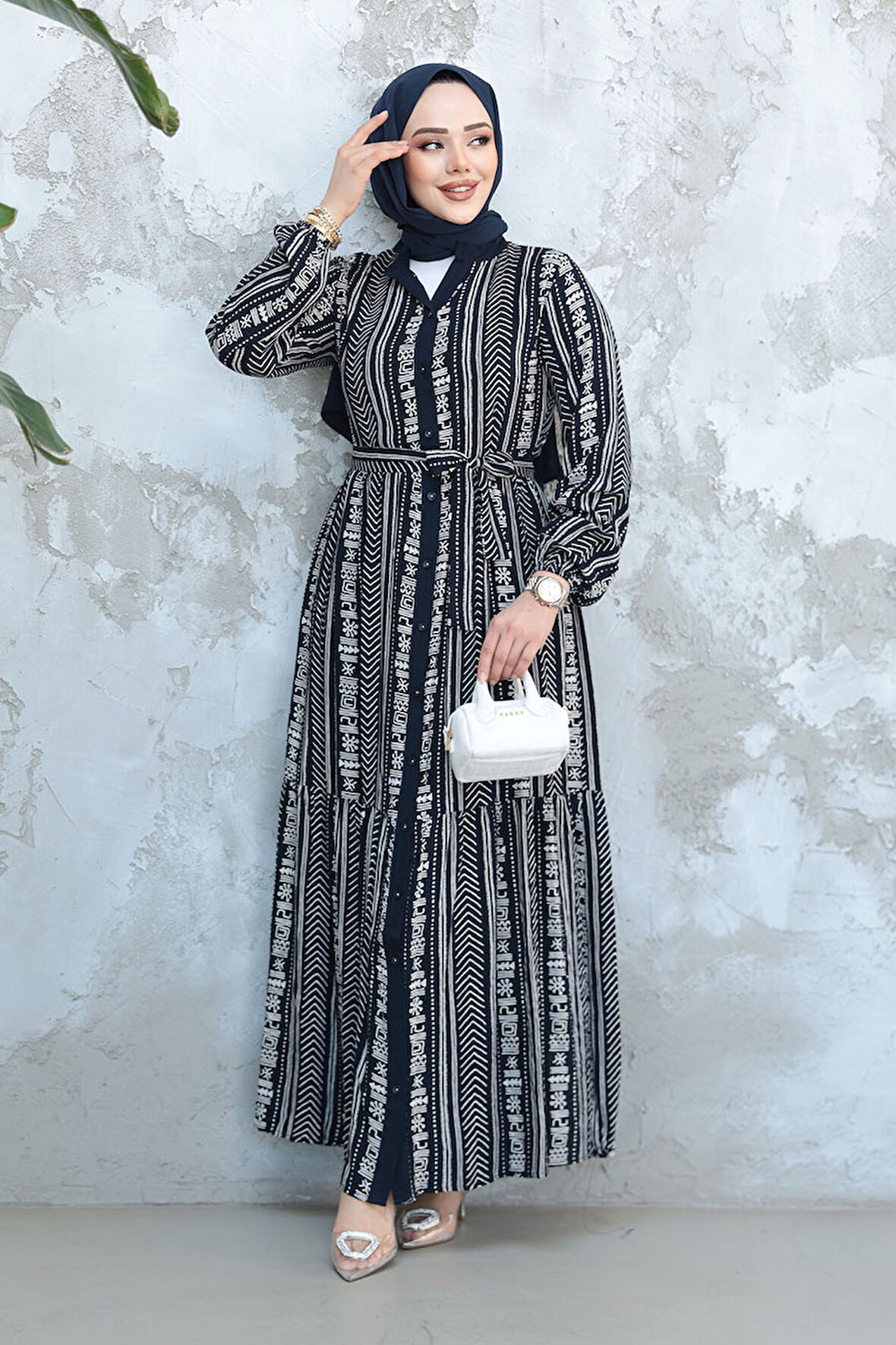 Desenli Lacivert Tesettür Elbise 23921L