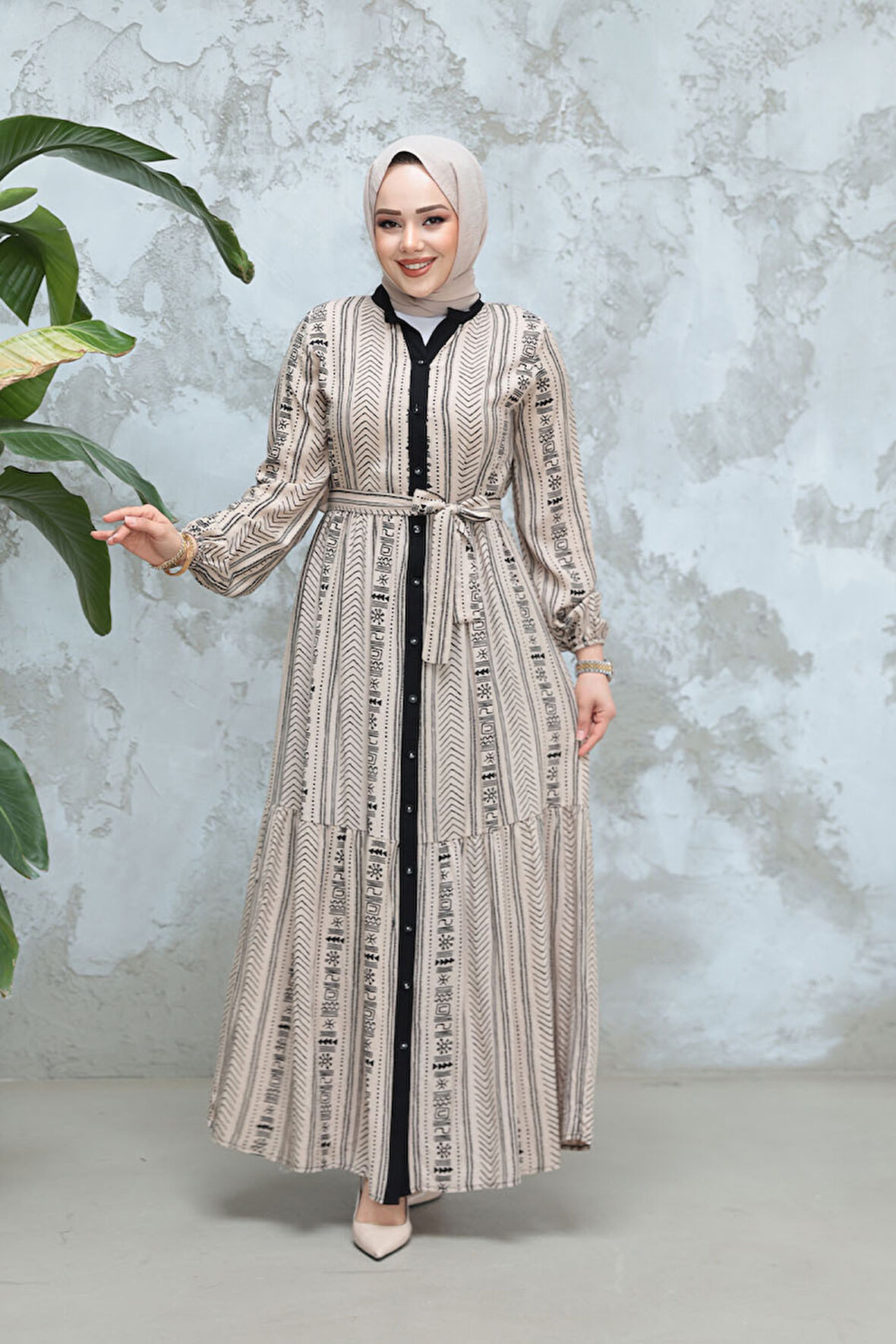 Desenli Vizon Tesettür Elbise 23921V