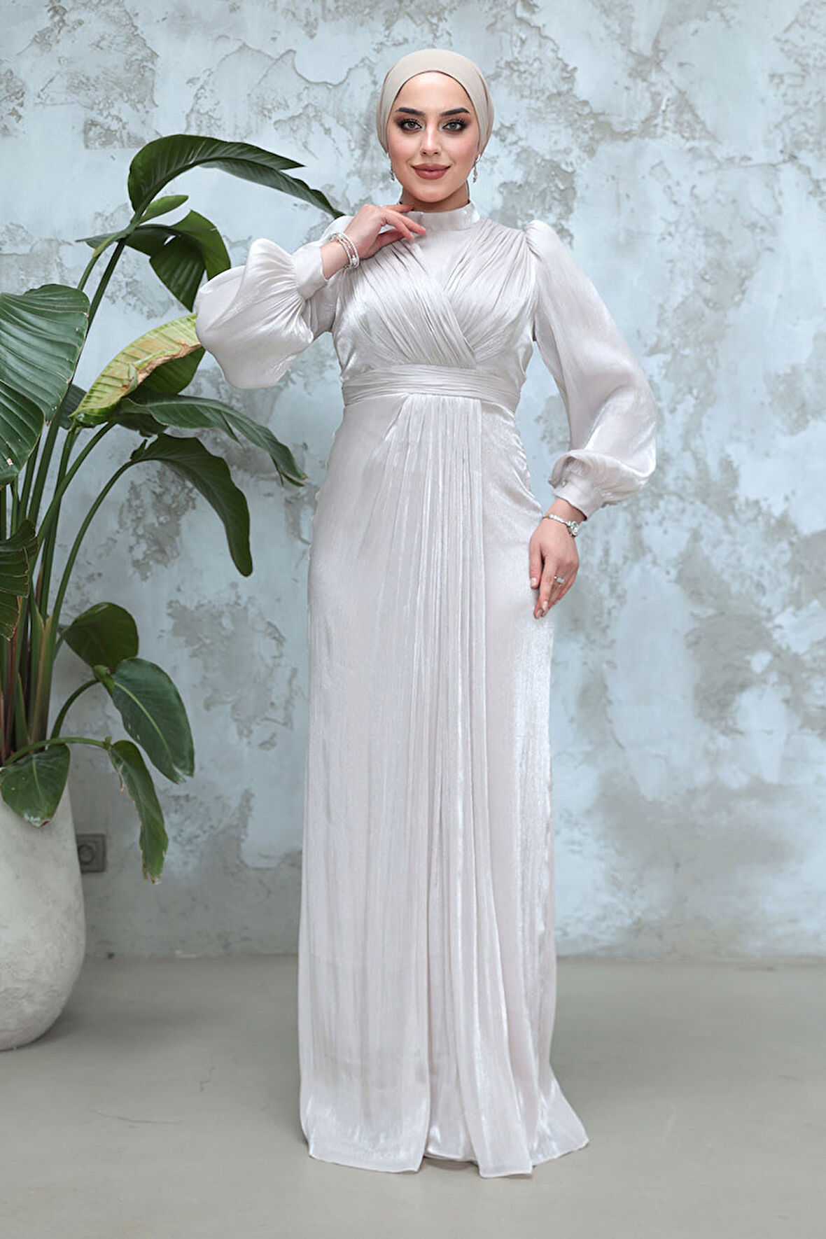 Drape Detaylı Taş Tesettür Abiye Elbise 50921TAS