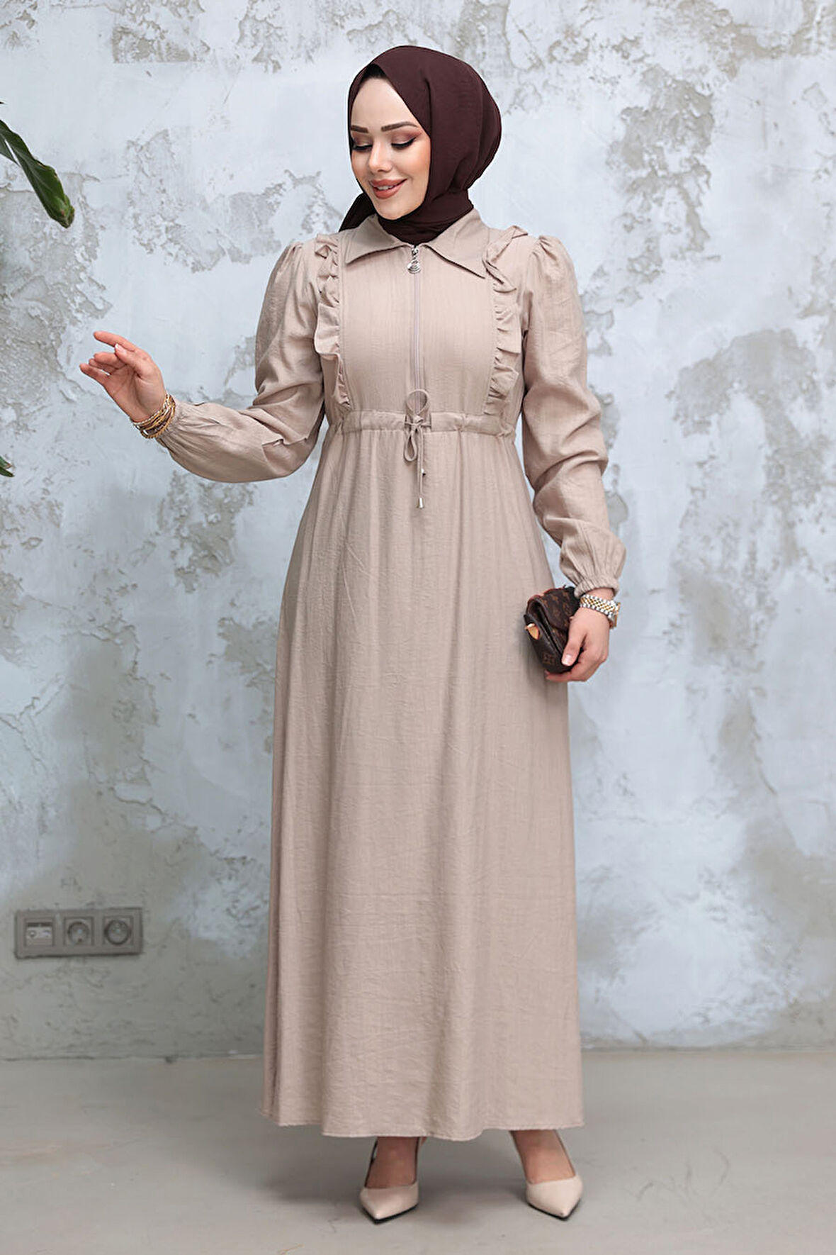 Fermuarlı Bej Tesettür Elbise 17021BEJ