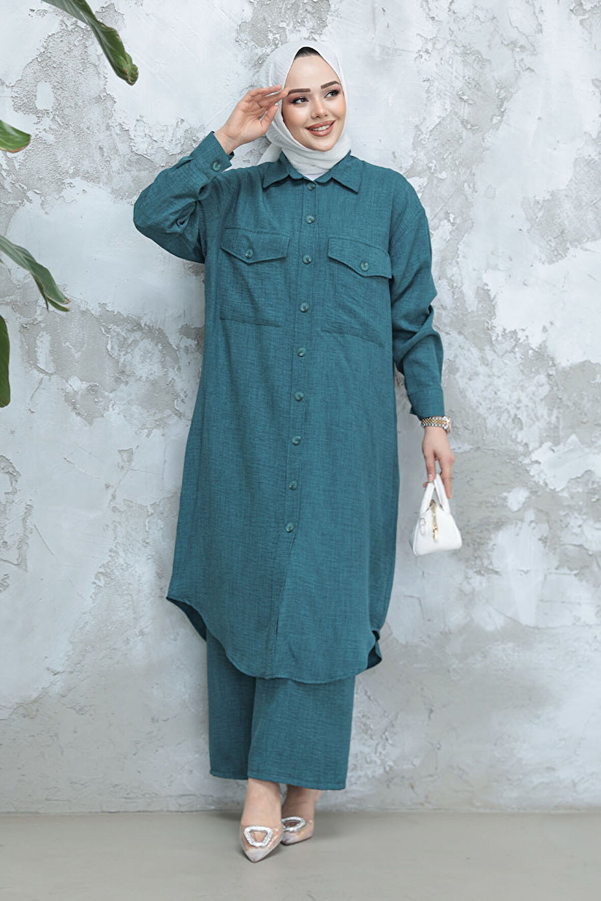 Düğmeli Petrol Mavisi Tesettür İkili Takım 44661PM