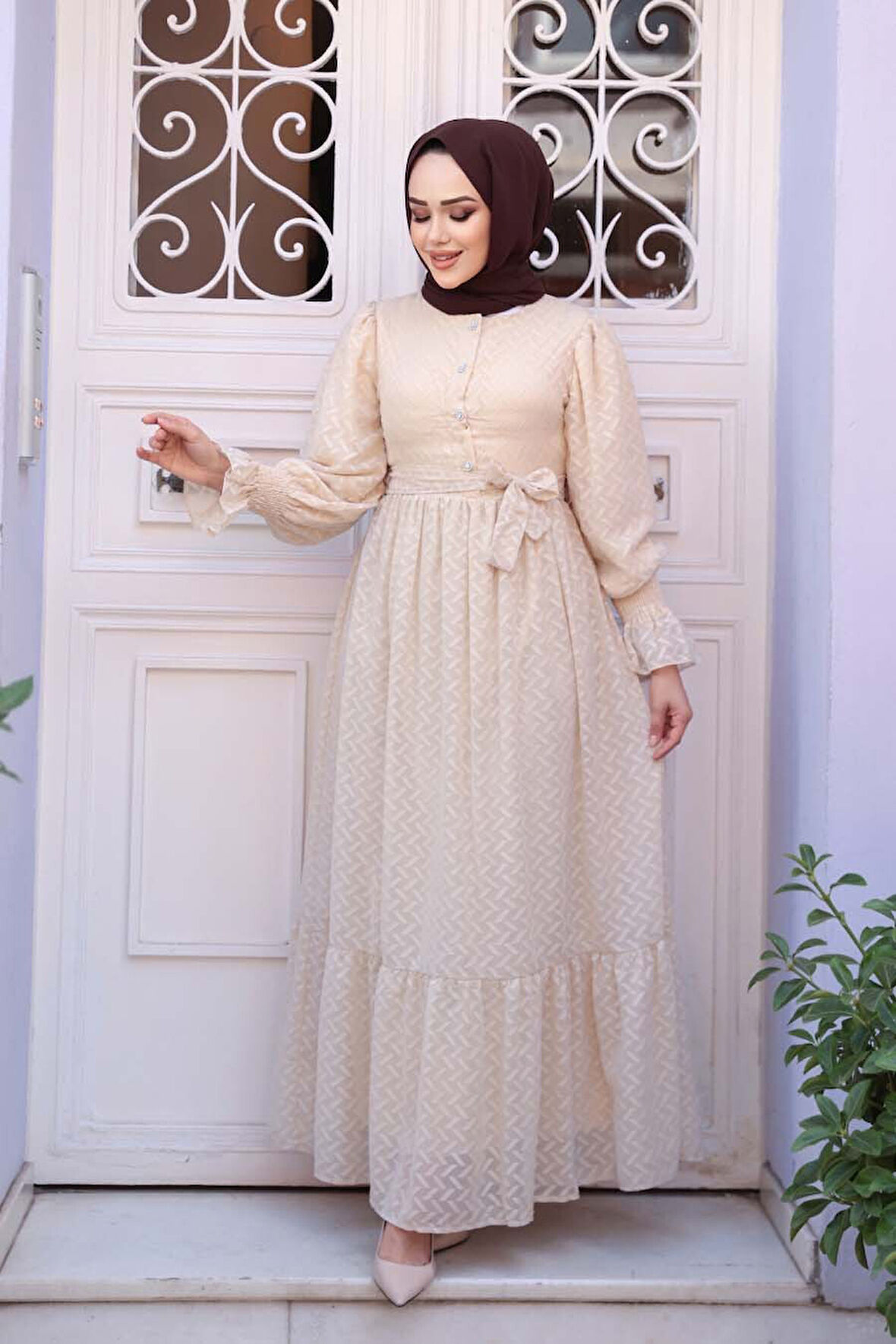 Düğmeli Bej Tesettür Elbise 13902BEJ