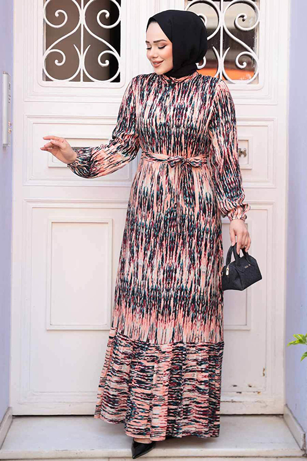 Desenli Somon Tesettür Elbise 52721SMN