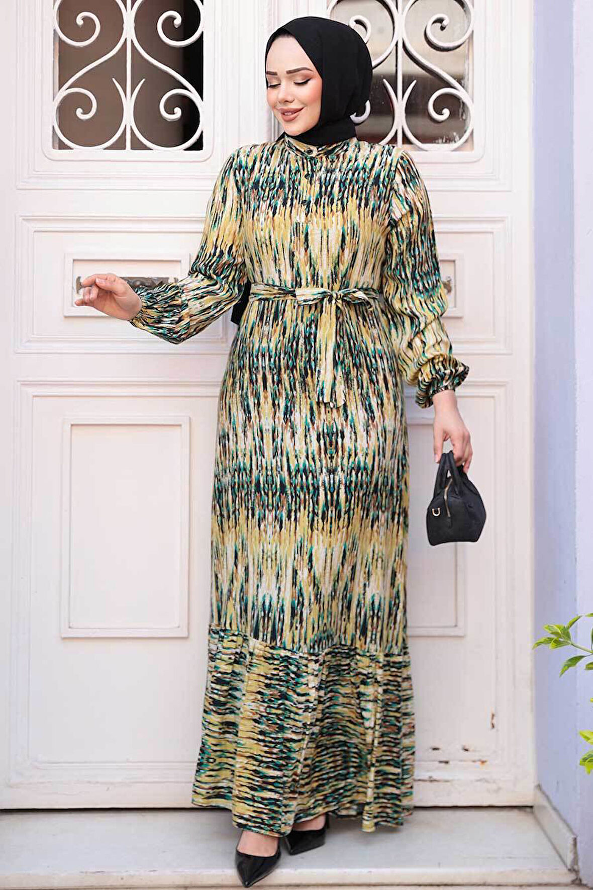 Desenli Yağ Yeşili Tesettür Elbise 52721YY