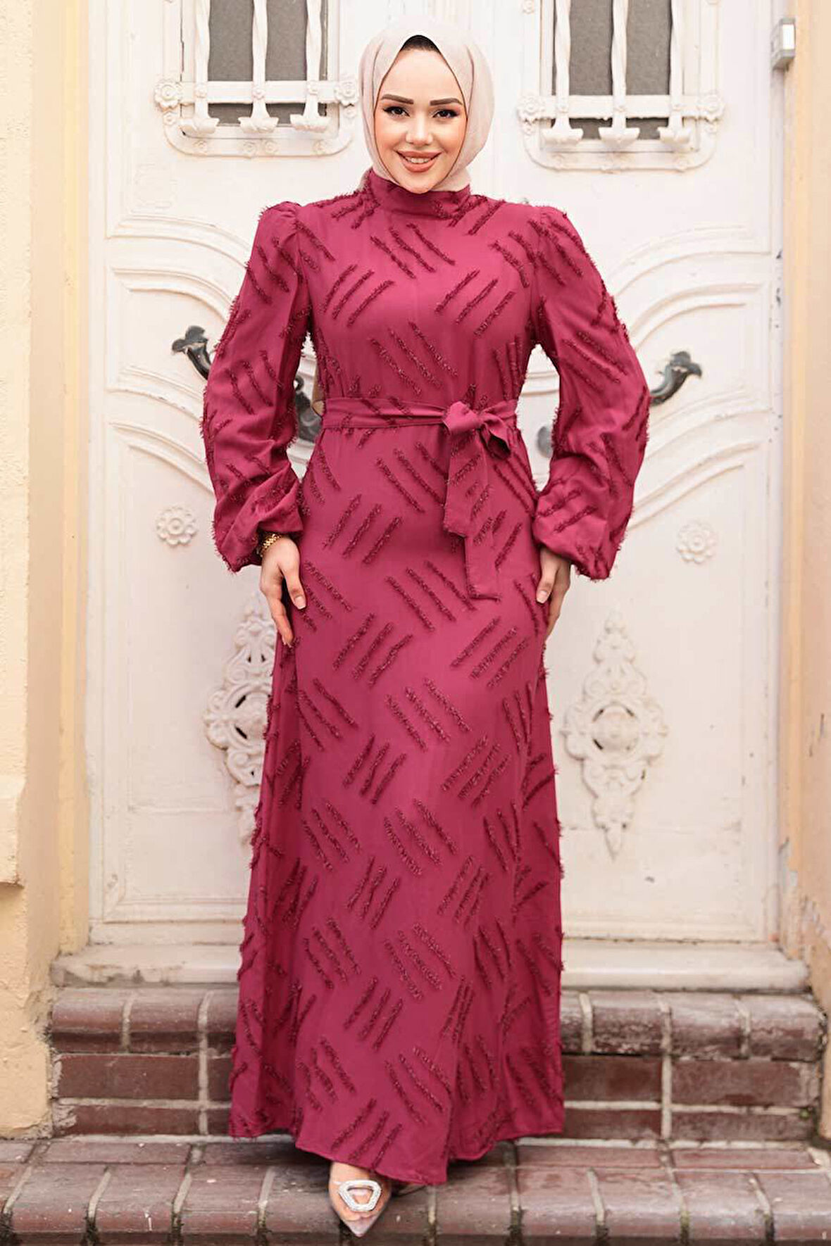 Desenli Bordo Tesettür Elbise 5298BR