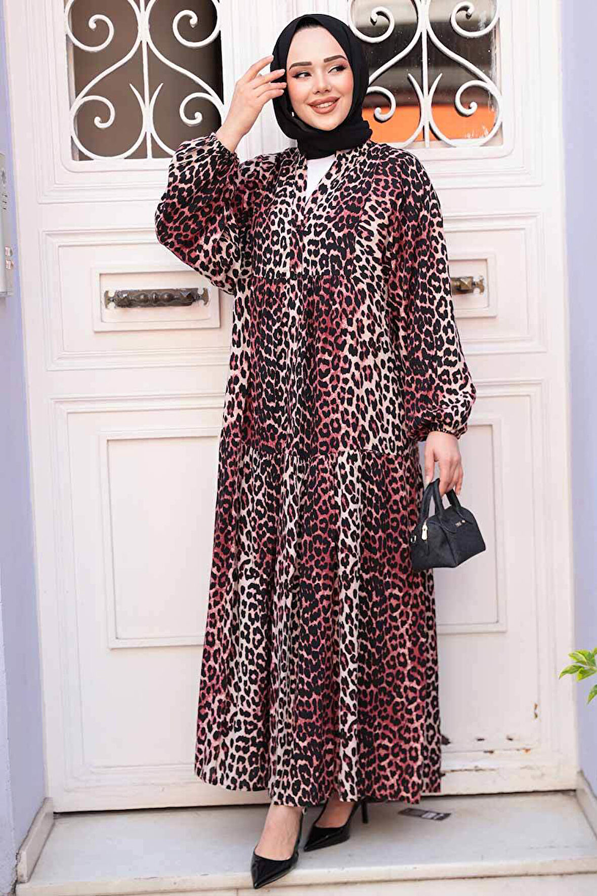 Leopar Desenli Bordo Tesettür Elbise 52942BR