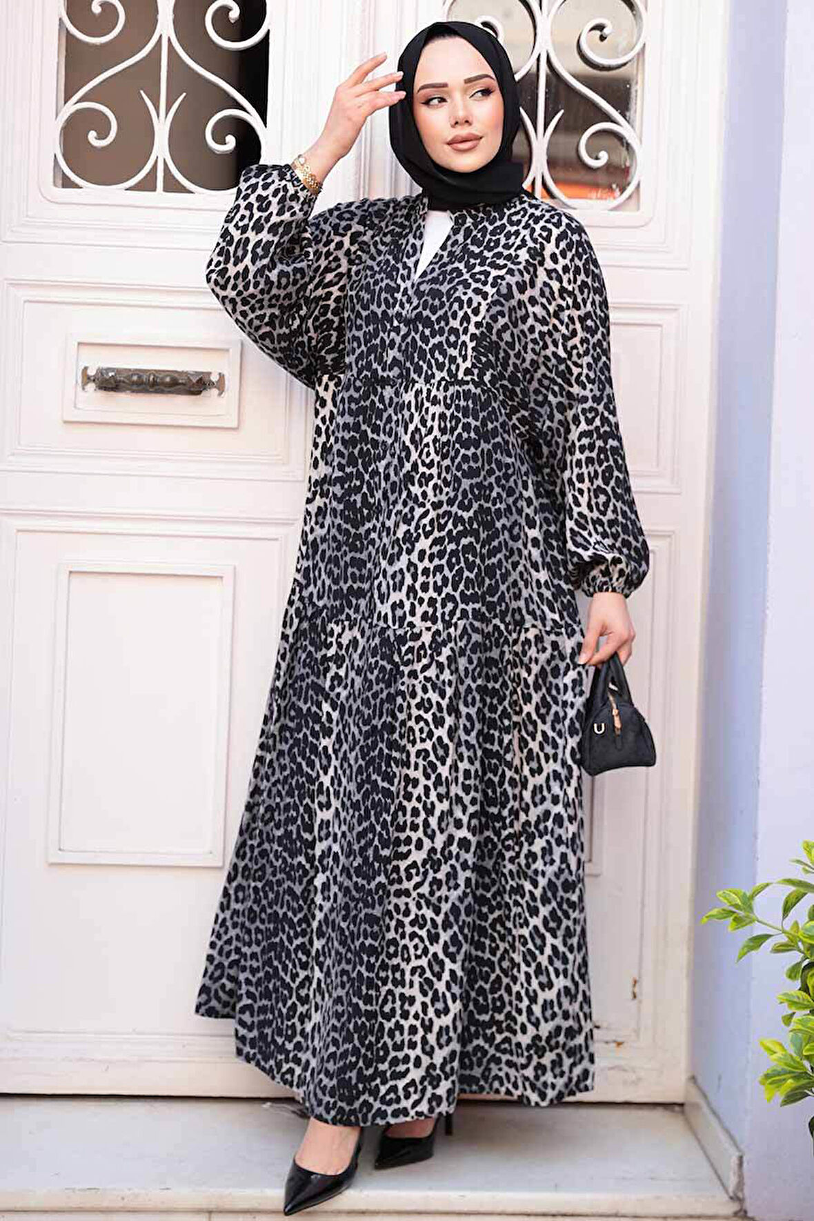 Leopar Desenli Gri Tesettür Elbise 52942GR