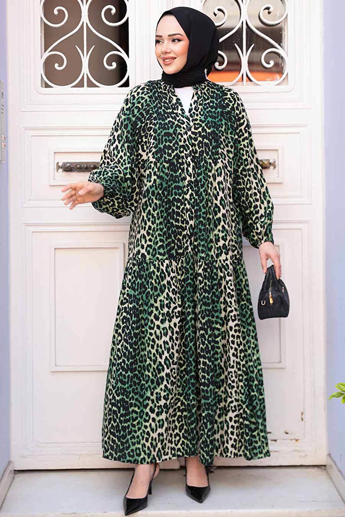 Leopar Desenli Yeşil Tesettür Elbise 52942Y