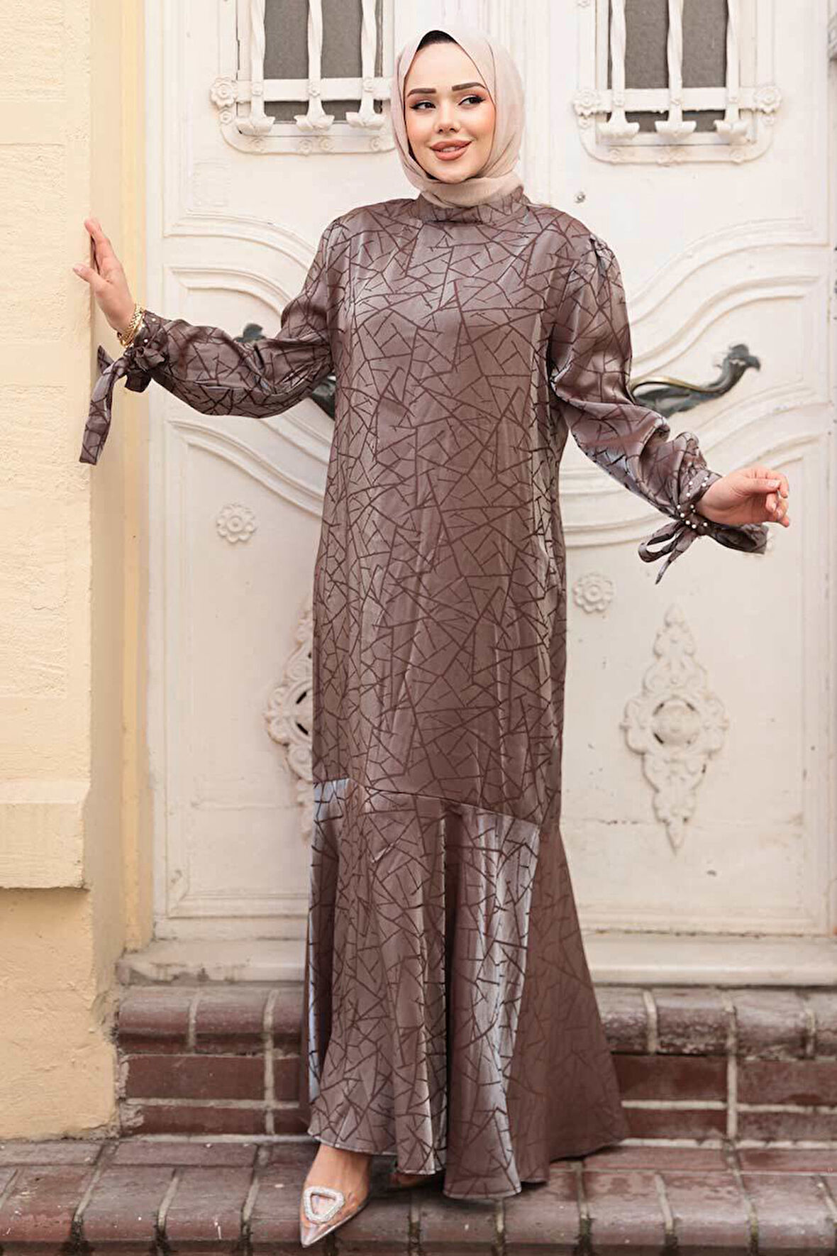 Desenli Vizon Tesettür Saten Elbise 4457V