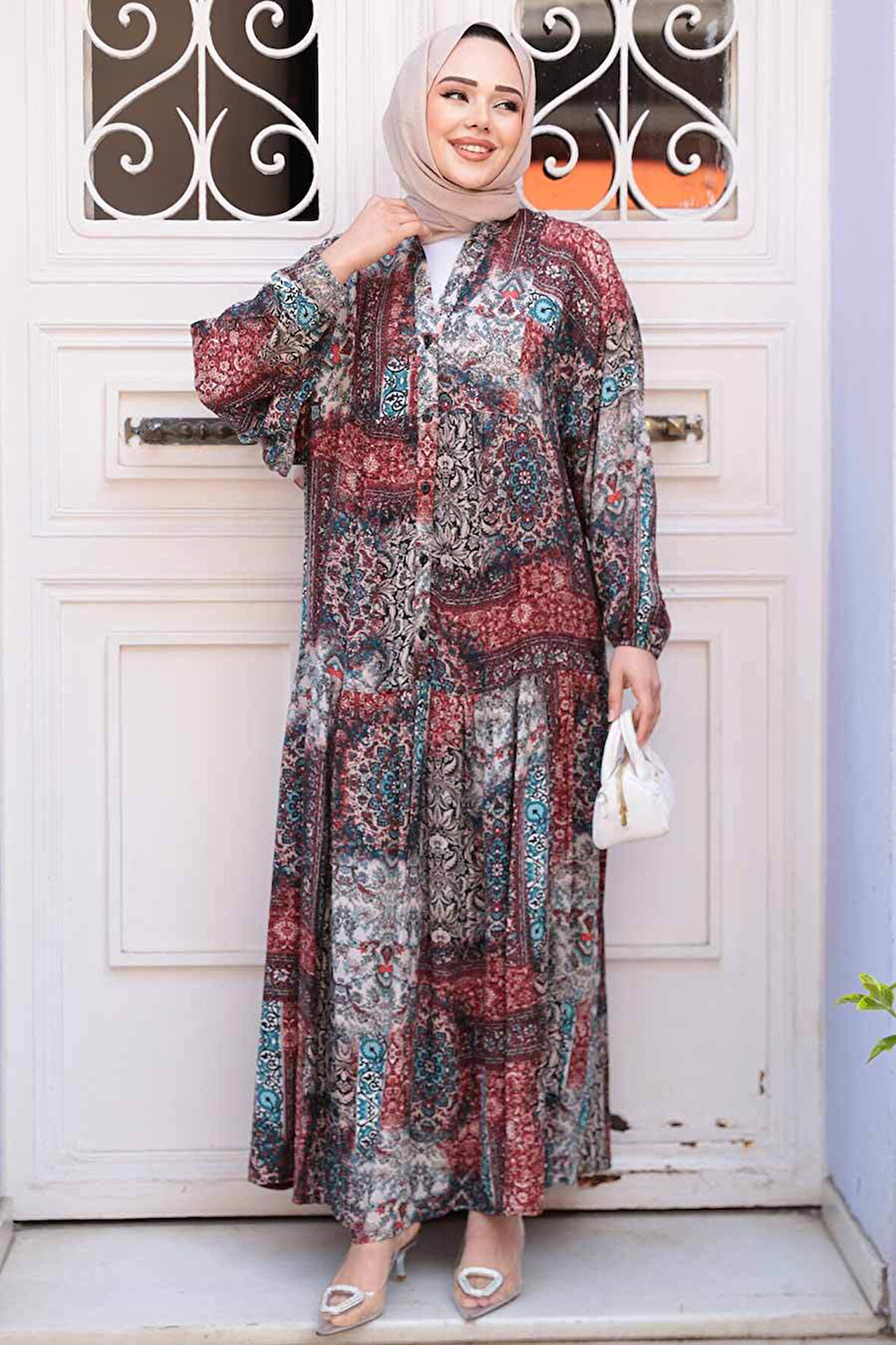 Desenli Bordo Tesettür Elbise 52943BR