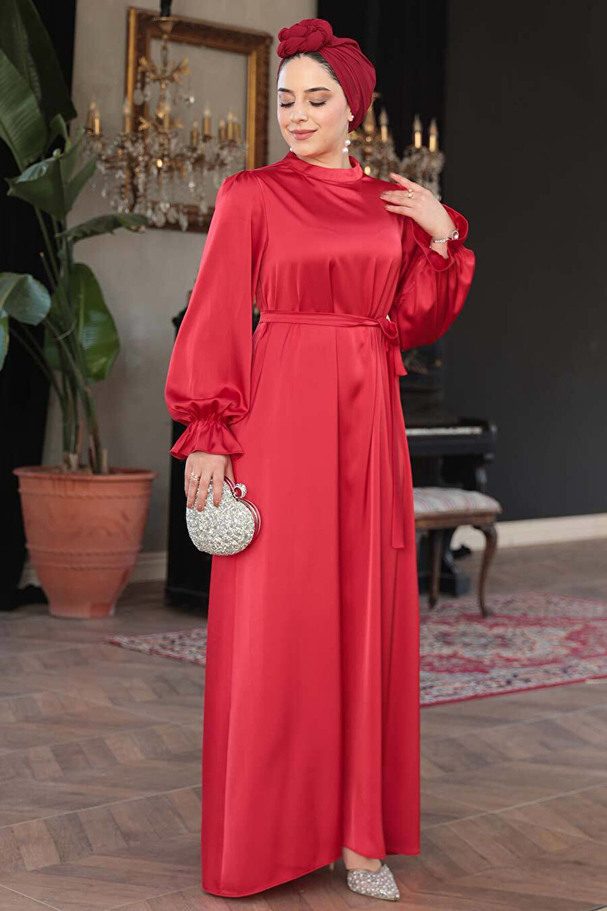 Saten Kırmızı Tesettür Elbise 62132K