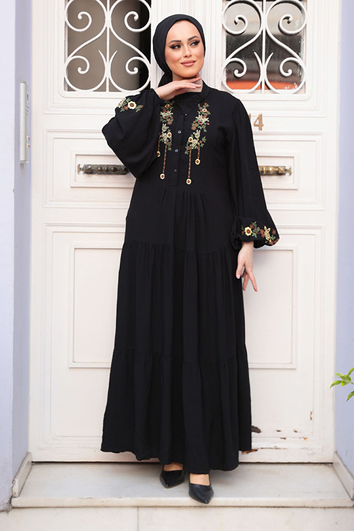 Desenli Siyah Tesettür Elbise 32161S