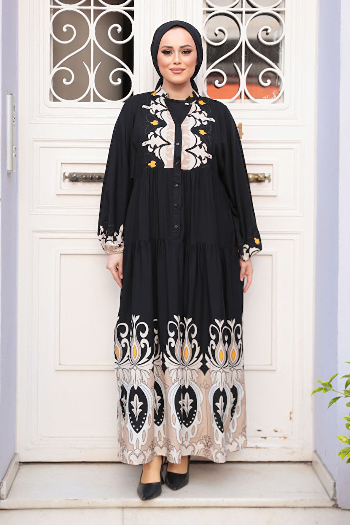 Desenli Siyah Tesettür Elbise 32162S