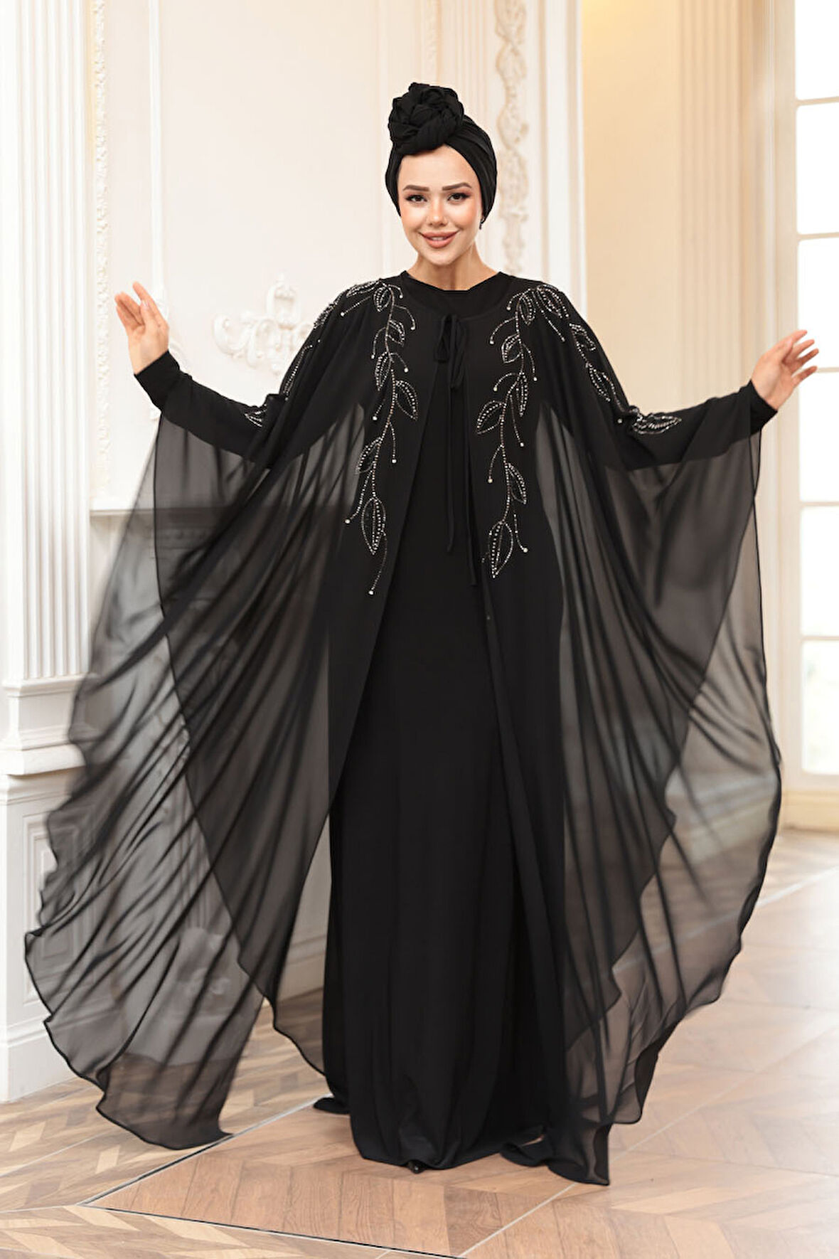 Pelerinli Siyah Tesettür Abiye Elbise 25909S