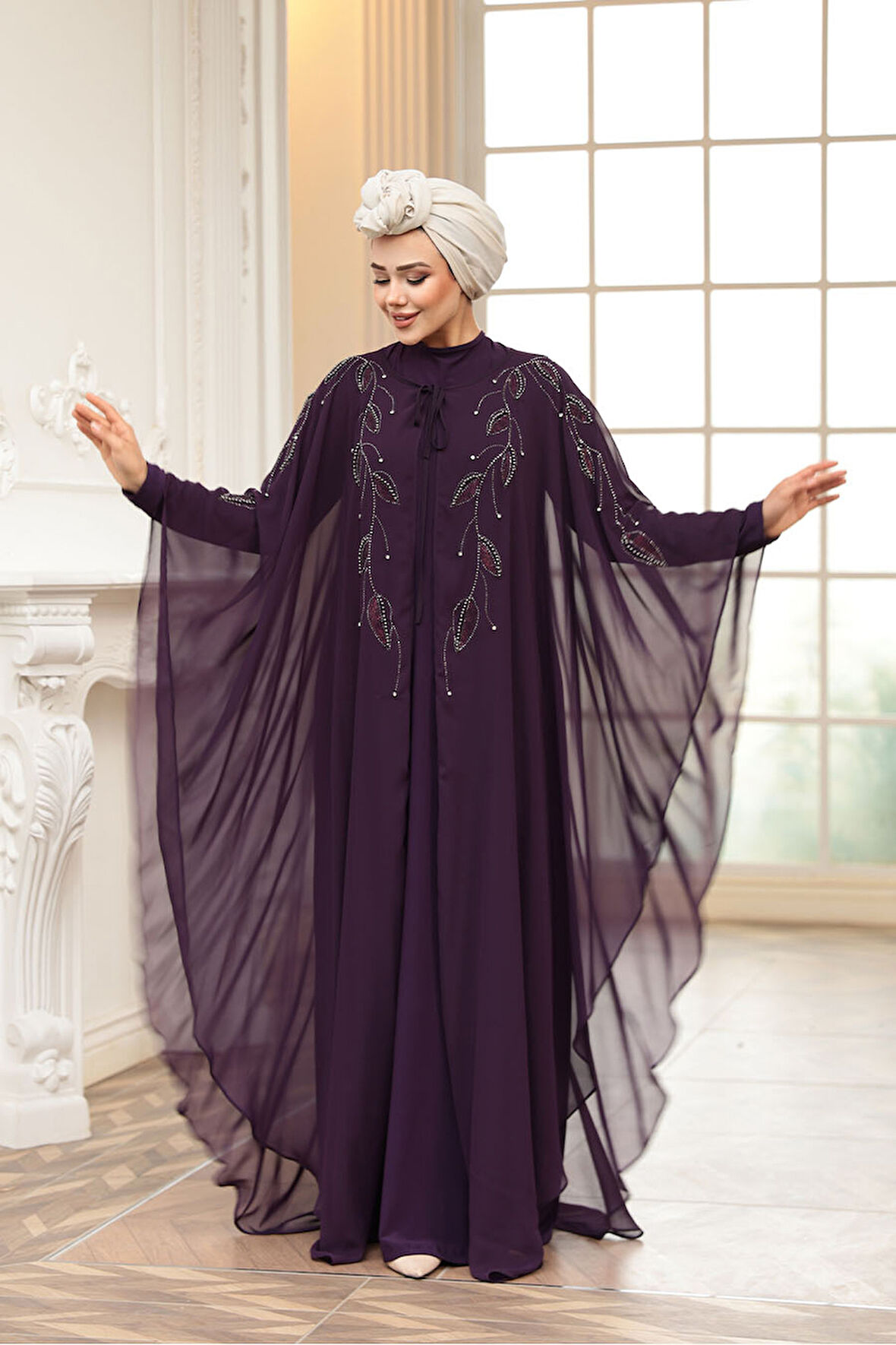 Pelerinli Mor Tesettür Abiye Elbise 25909MOR