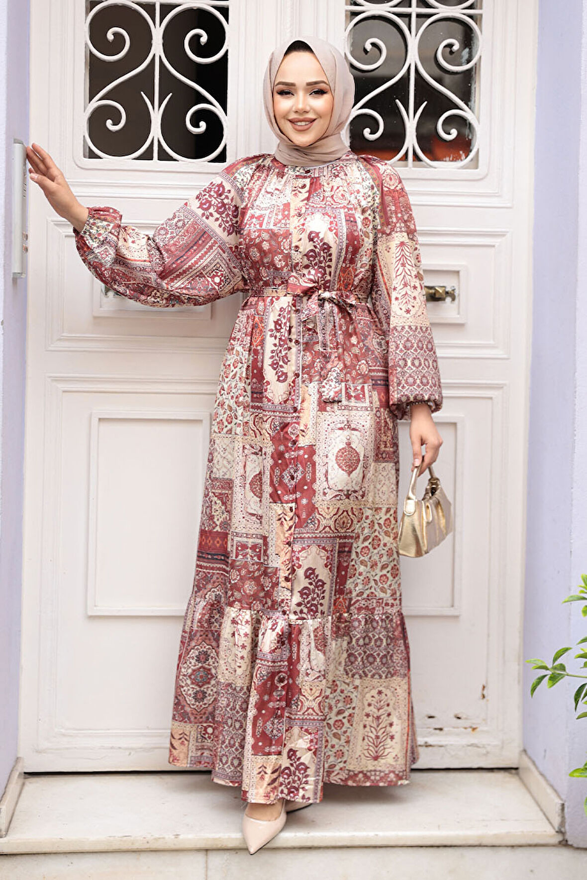 Desenli Bej Tesettür Elbise 23155BEJ