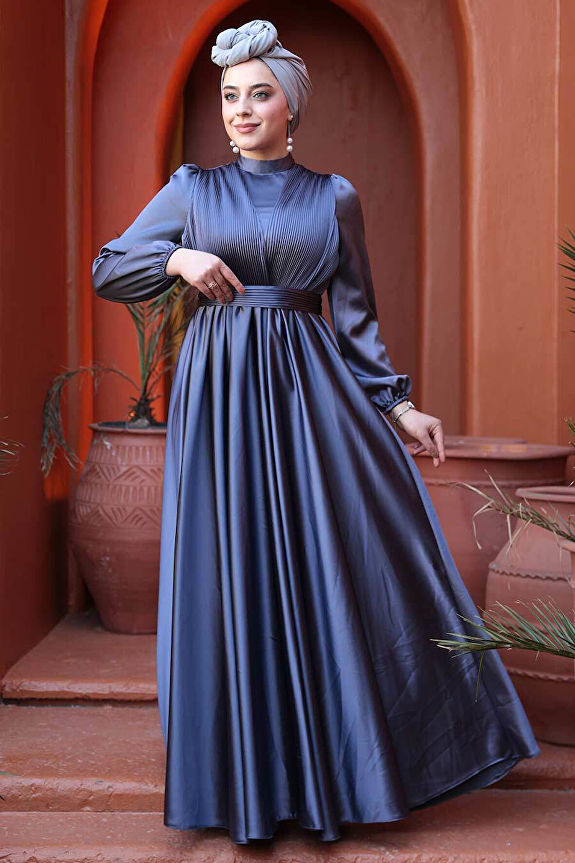 Saten Füme Tesettür Abiye Elbise 23821FU