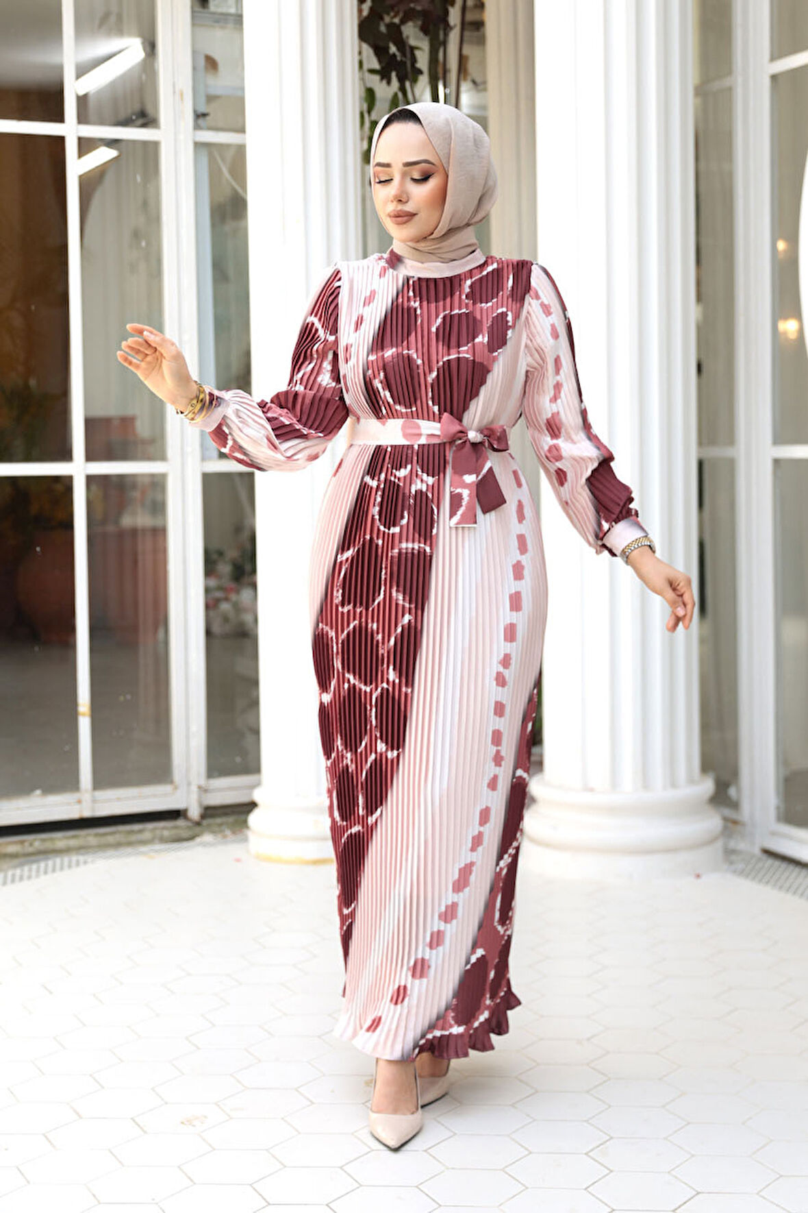 Pileli Desenli Somon Tesettür Elbise 23503SMN