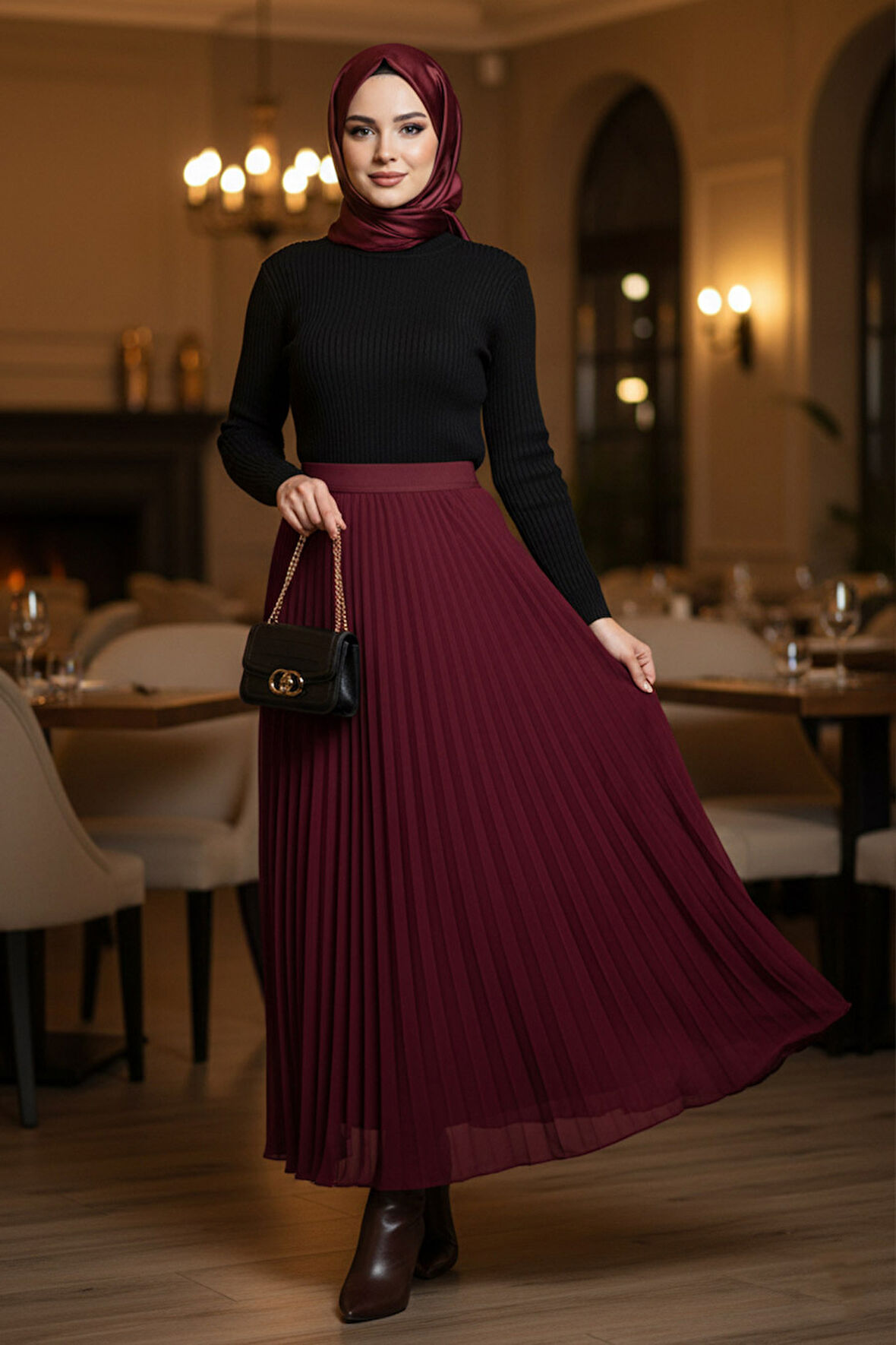 Pileli Bordo Tesettür Etek 92161BR
