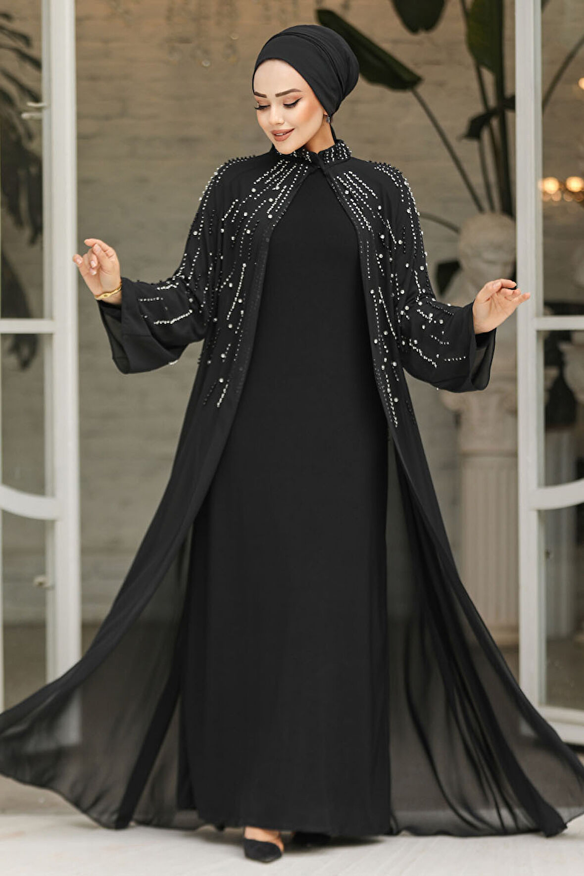 Boncuk İşlemeli Siyah Tesettür Abaya Takım 25903S