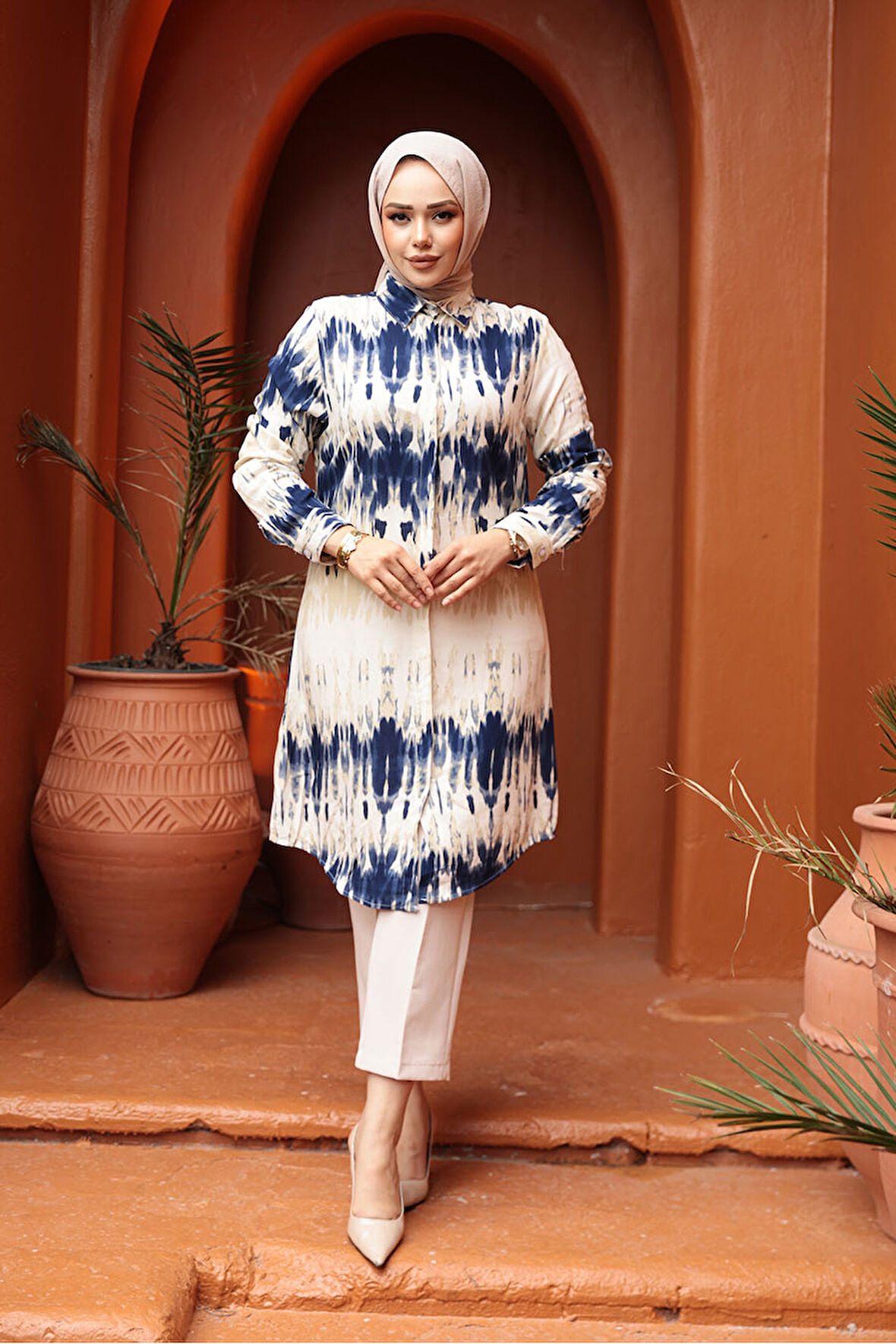 Desenli Lacivert Tesettür Viskon Tunik 11744L