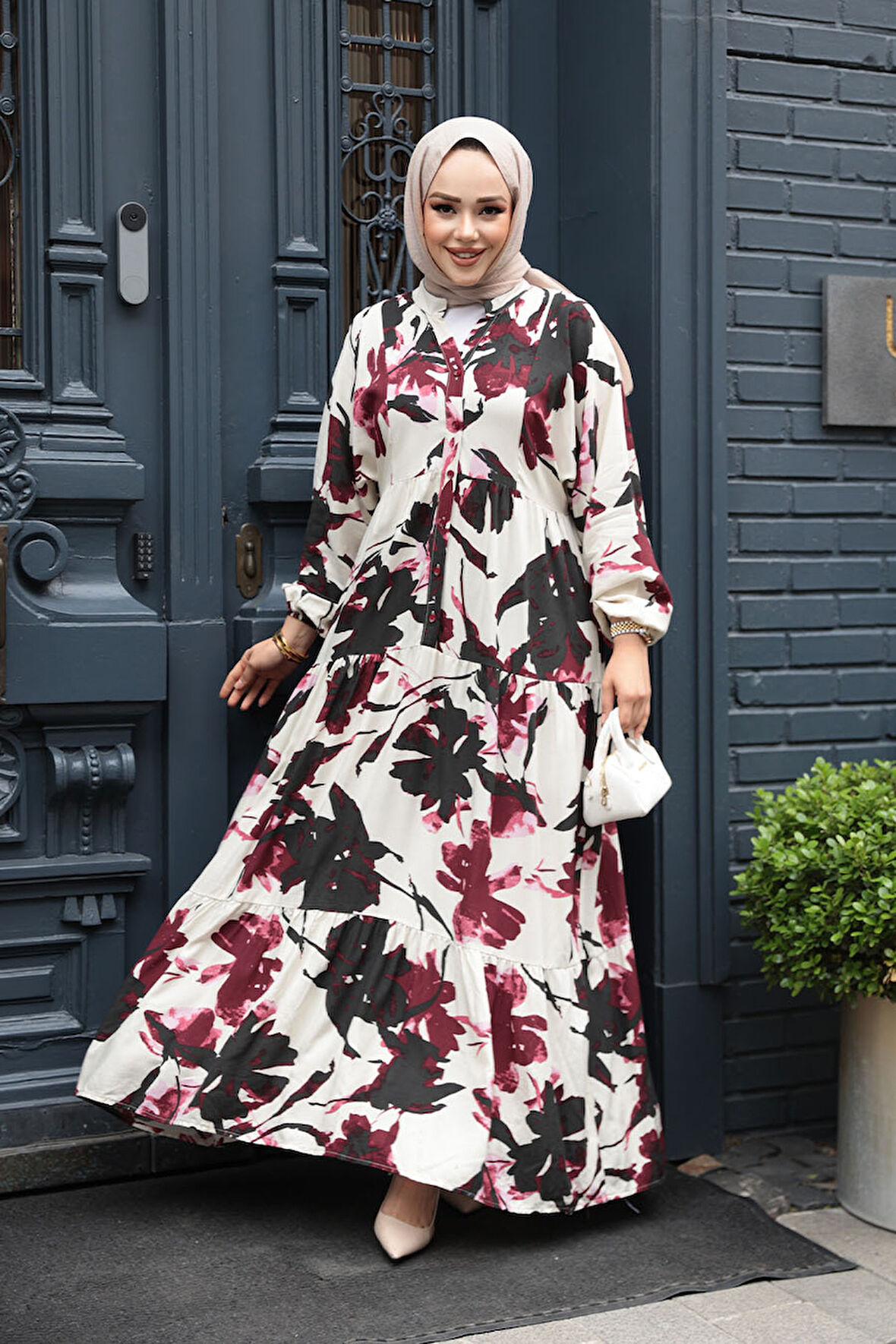 Desenli Mürdüm Tesettür Elbise 24061MU