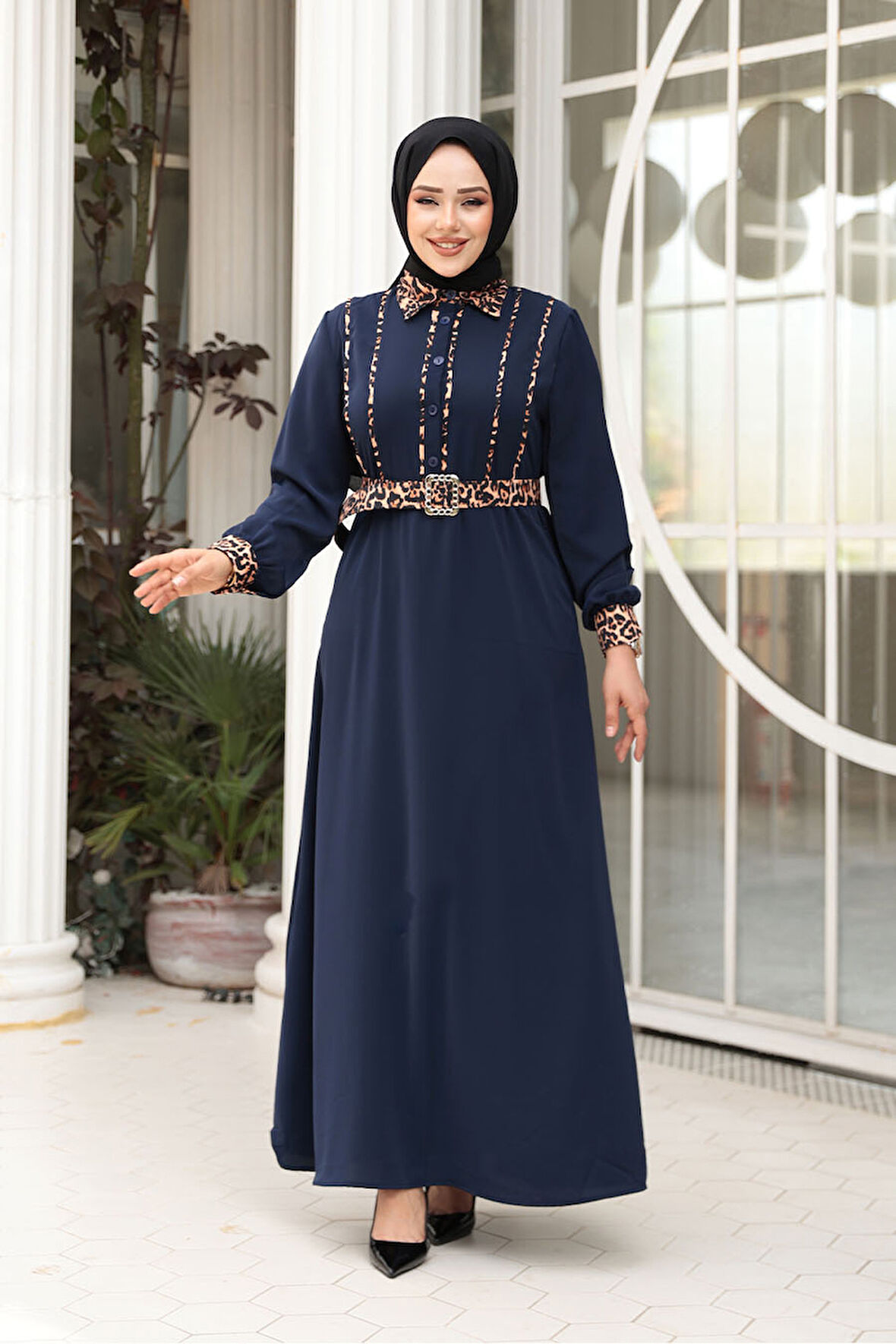 Leopar Detaylı Lacivert Tesettür Elbise 10246L