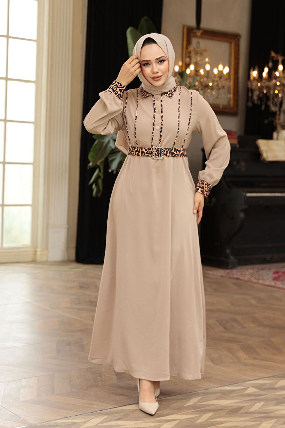 Leopar Detaylı Vizon Tesettür Elbise 10246V