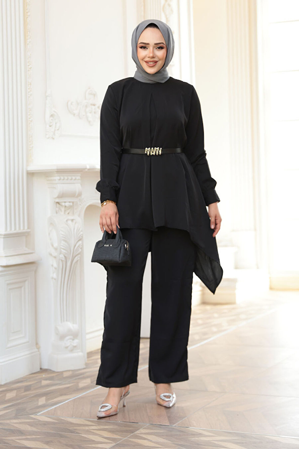 Asimetrik Kesim Siyah Tesettür İkili Takım 20253S