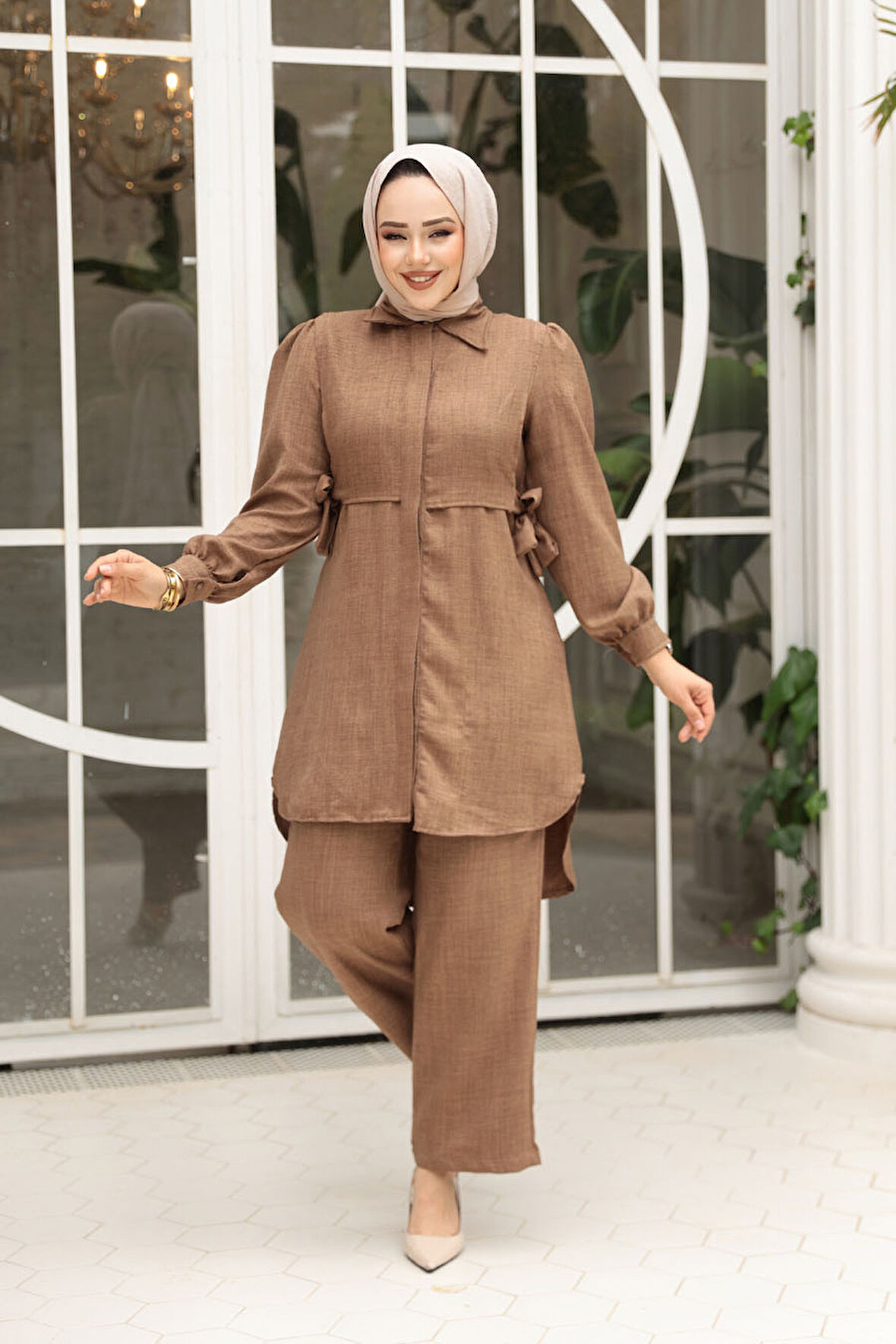 Düğmeli Camel Tesettür İkili Takım 68351C