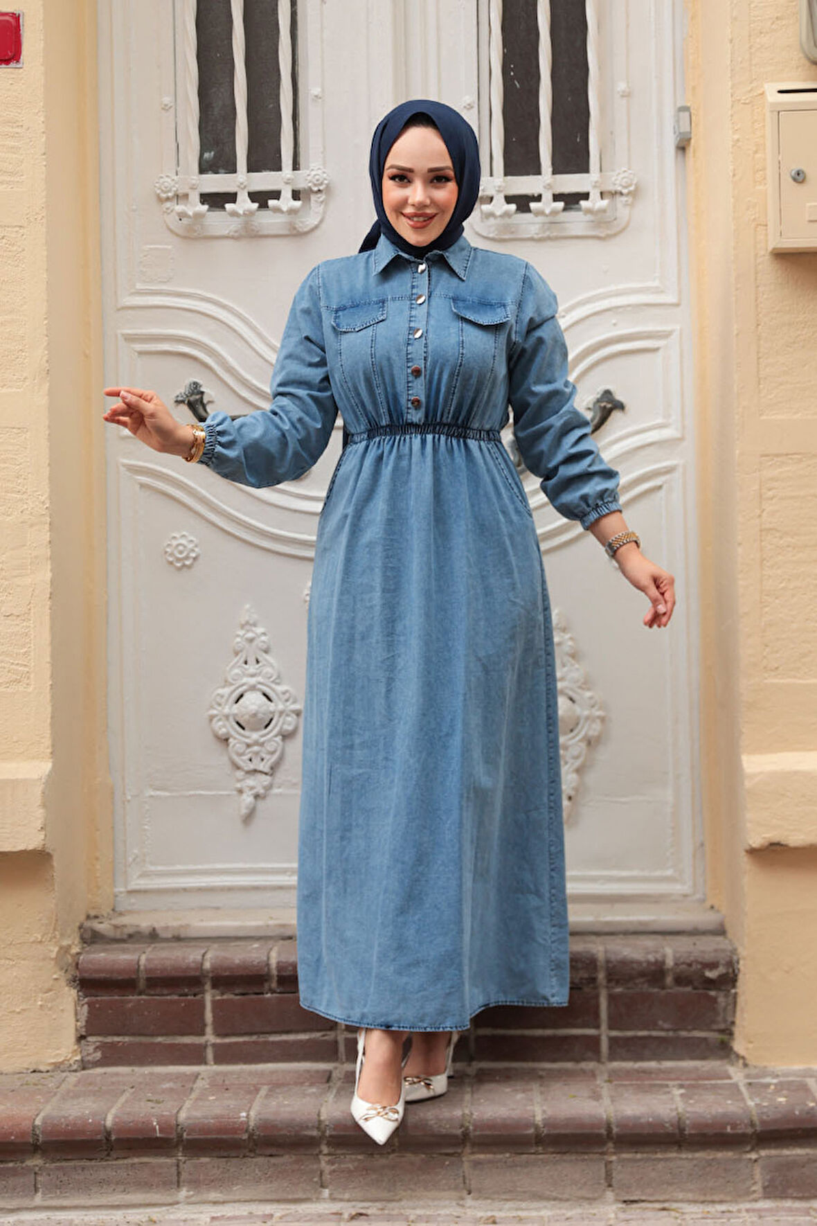 Cep Detaylı Mavi Tesettür Kot Elbise 717M