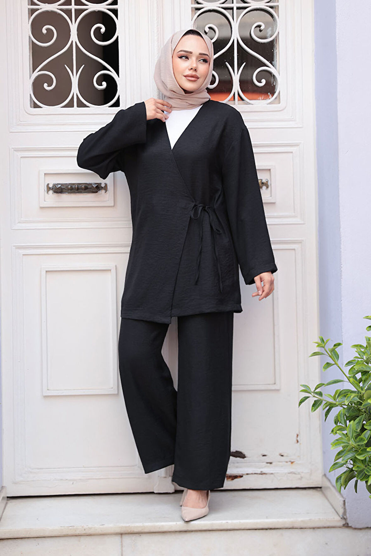 Yandan Bağlama Detaylı Siyah Tesettür İkili Takım 50183S