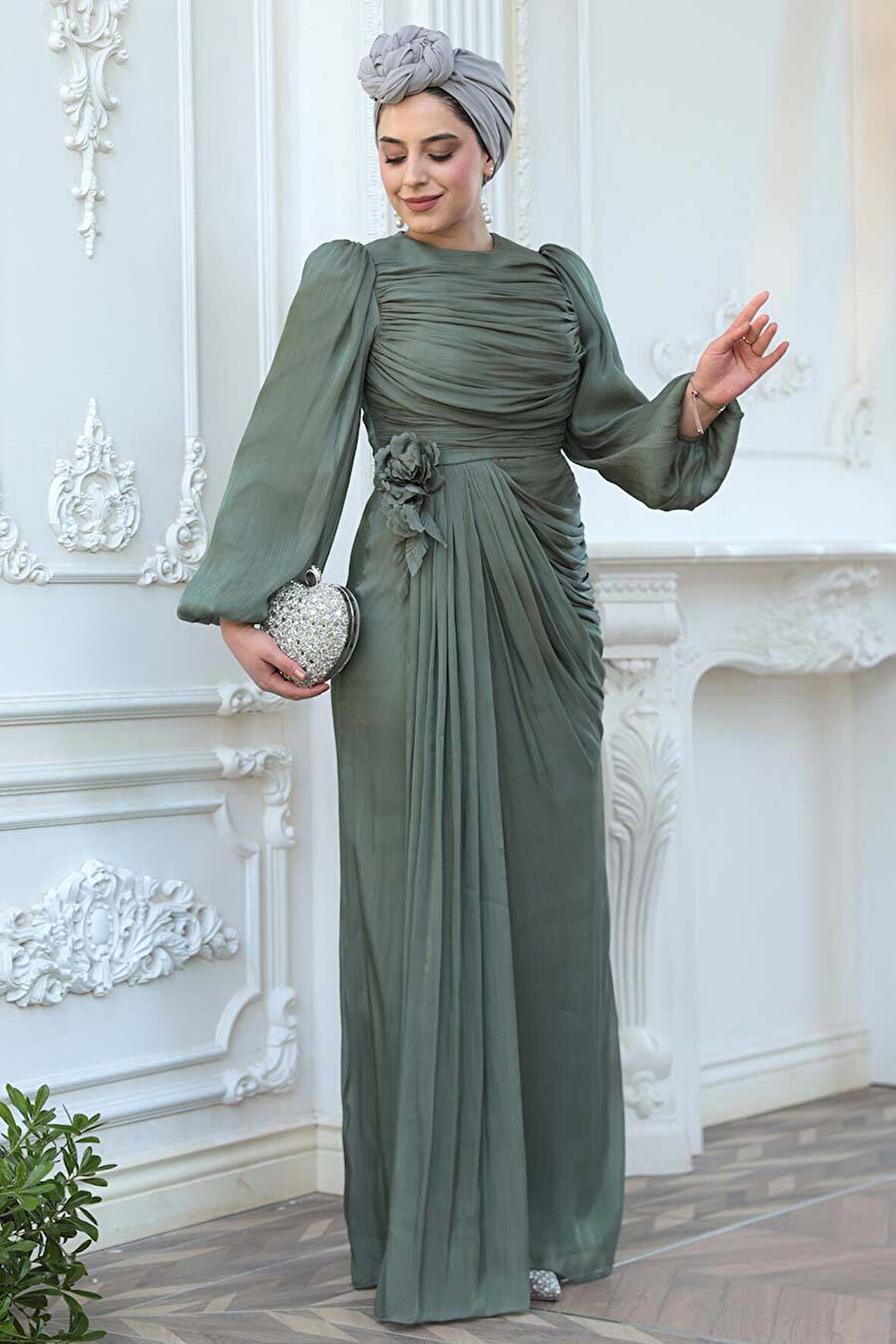 Drape Detaylı Çağla Yeşili Tesettür Abiye Elbise 51203CY