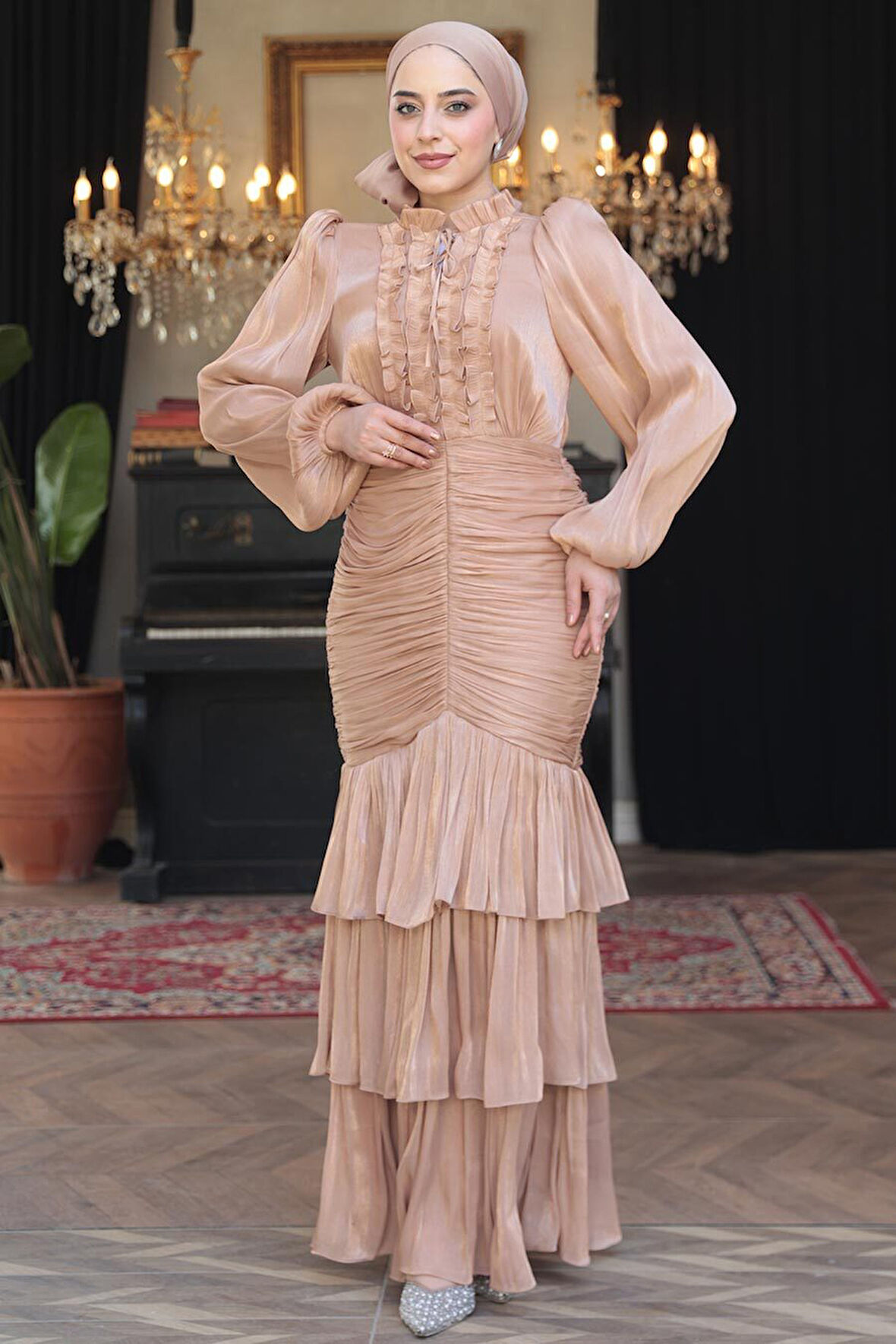 Fırfır Detaylı Bisküvi Tesettür Abiye Elbise 50271BS