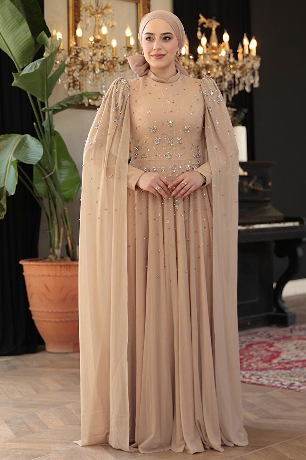 Pelerin Detaylı Vizon Tesettür Abiye Elbise 51171V