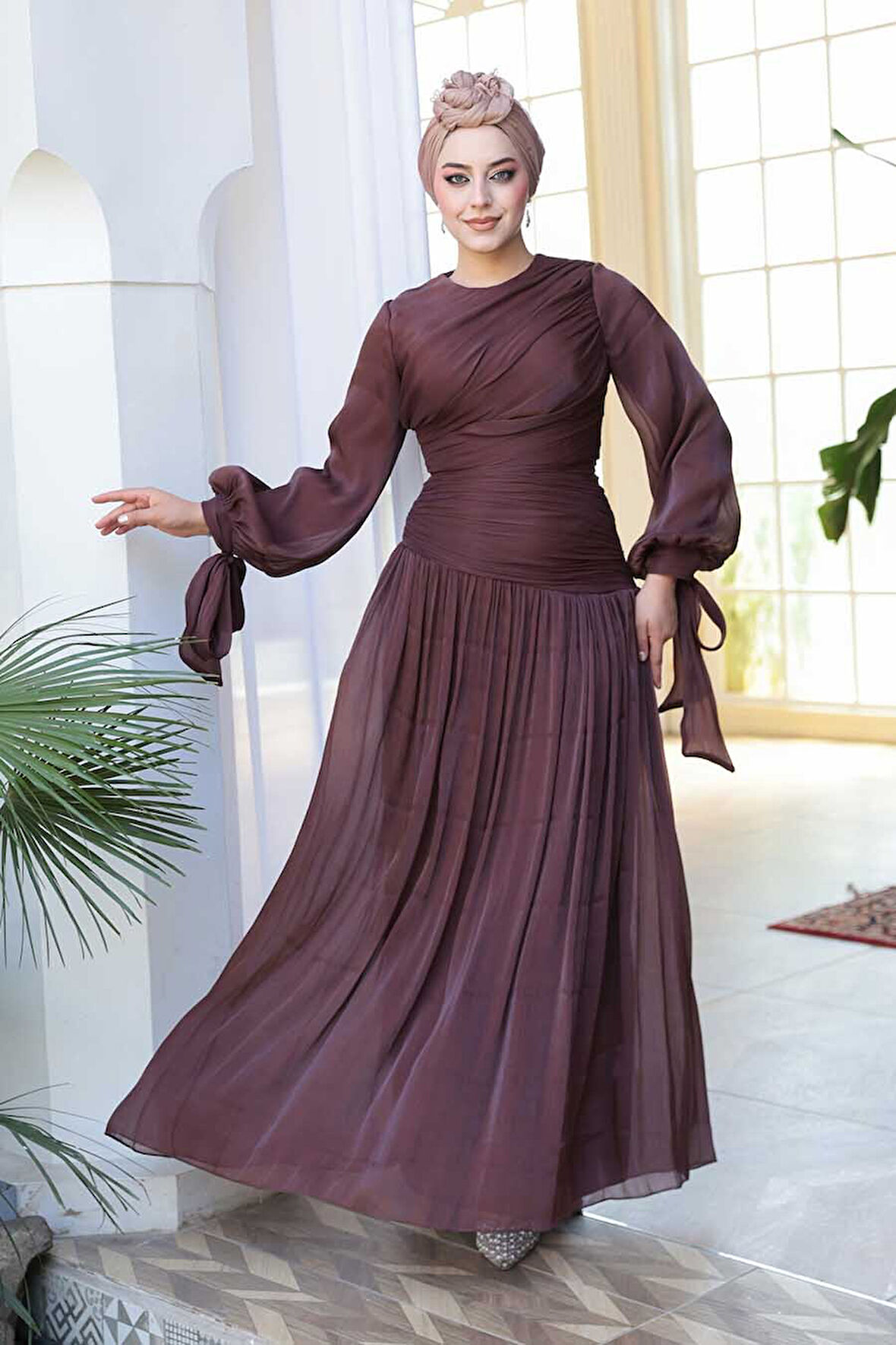 Drape Detaylı Kahverengi Tesettür Abiye Elbise 53631KH